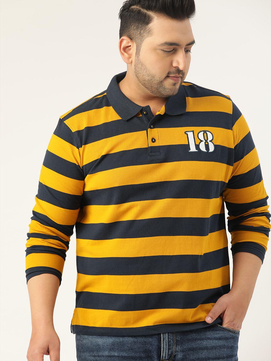 sztori men plus size mustard yellow  navy blue pure cotton yarn dyed striped pure cotton t-shirt