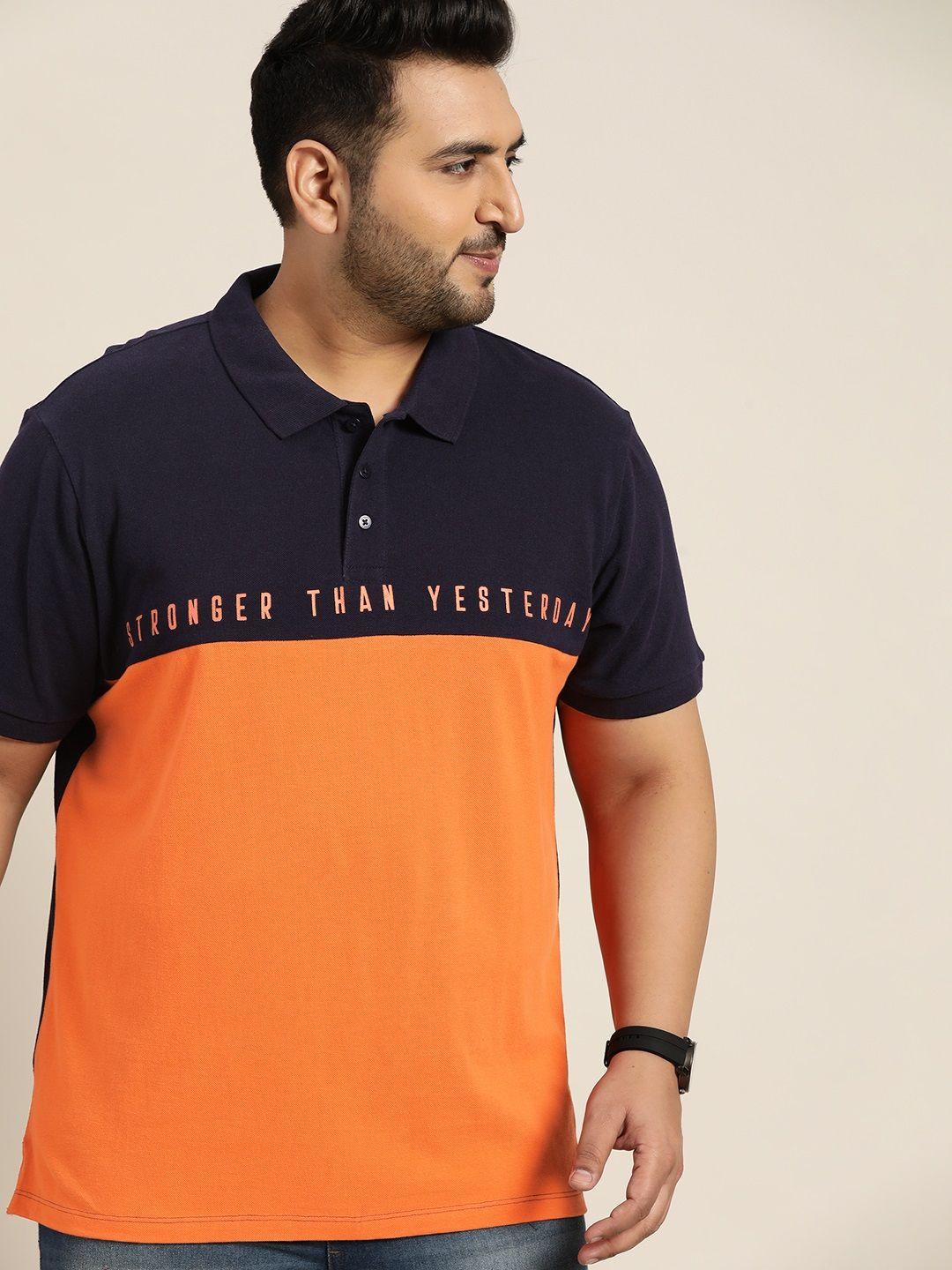 sztori men plus size navy blue & orange colourblocked pure cotton polo collar t-shirt