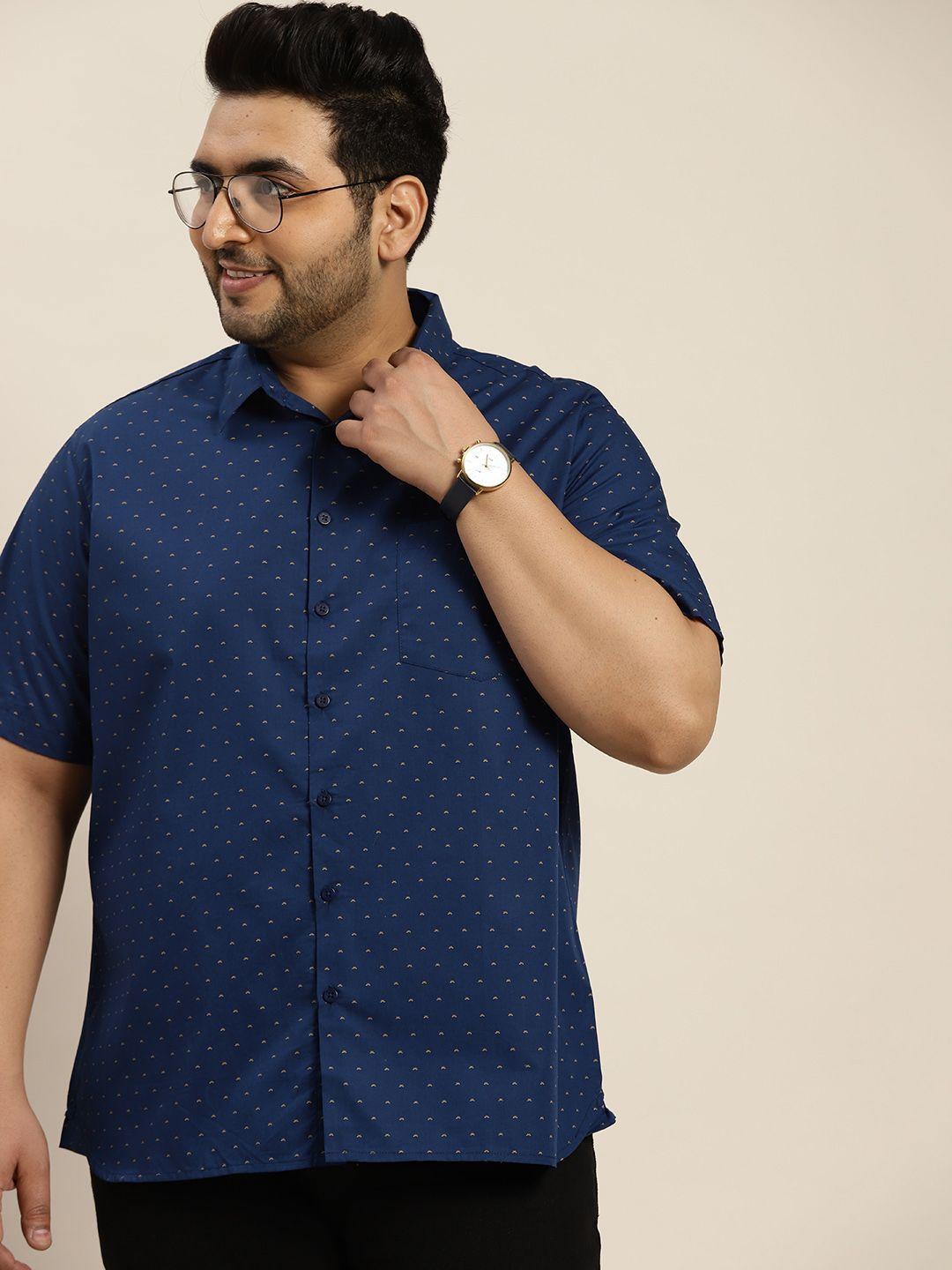 sztori men plus size navy blue geometric printed pure cotton casual shirt