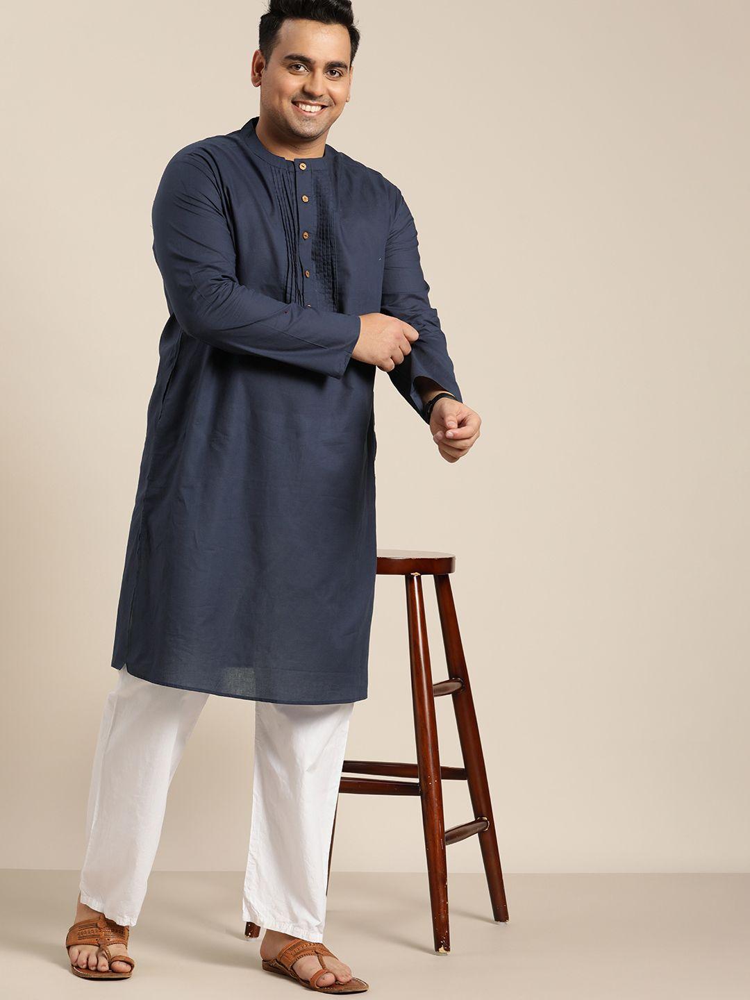 sztori men plus size navy blue pure cotton solid straight kurta with pinktucks