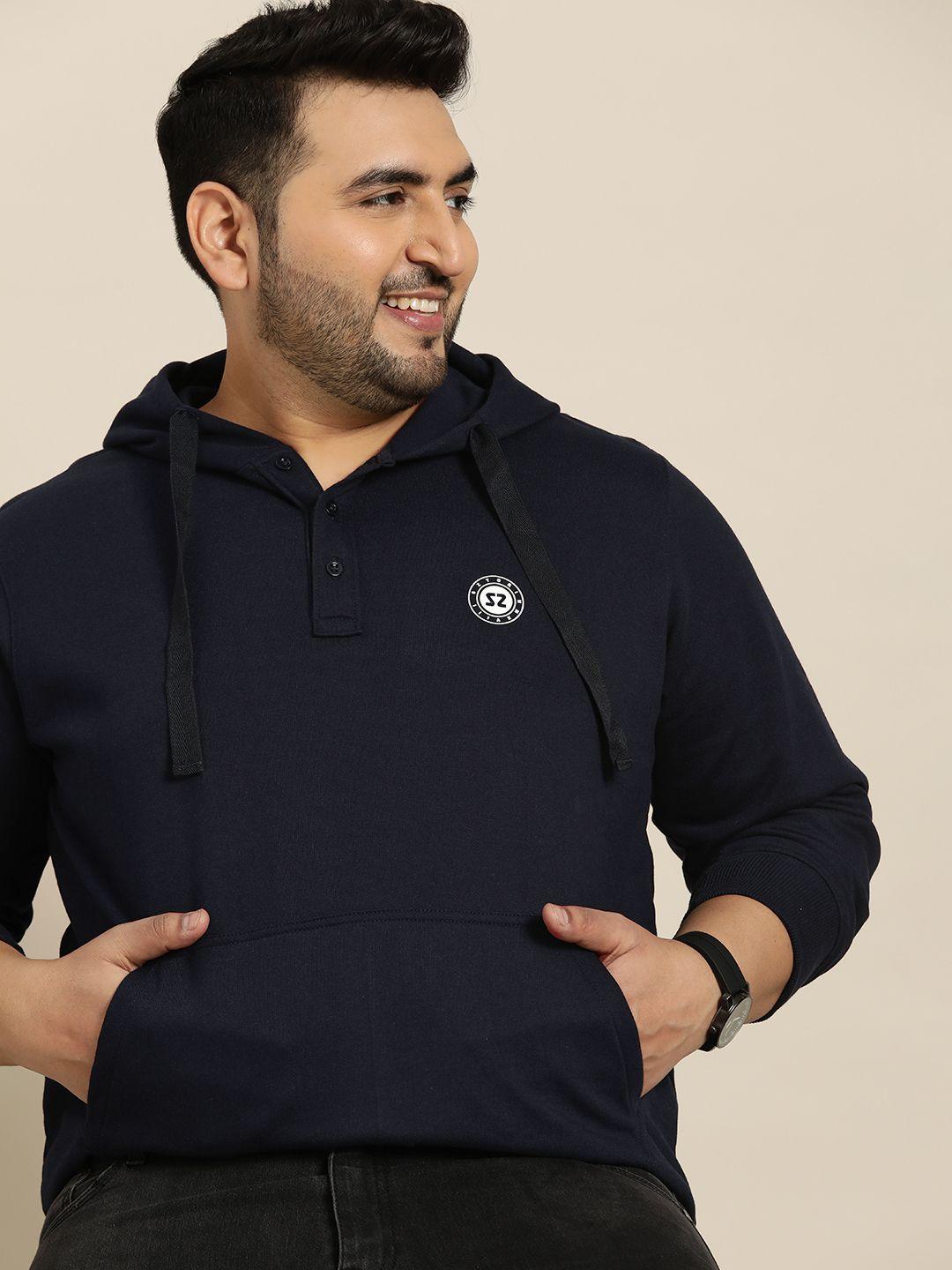 sztori men plus size navy blue solid hooded sweatshirt