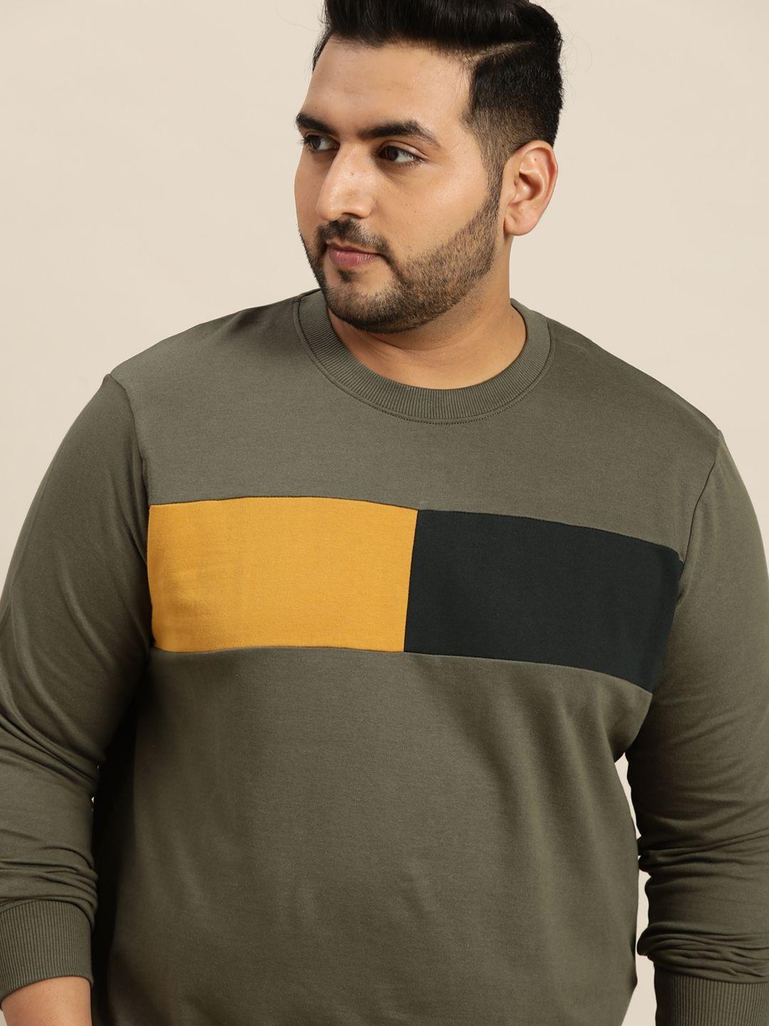 sztori men plus size olive green & black pure cotton colourblocked sweatshirt