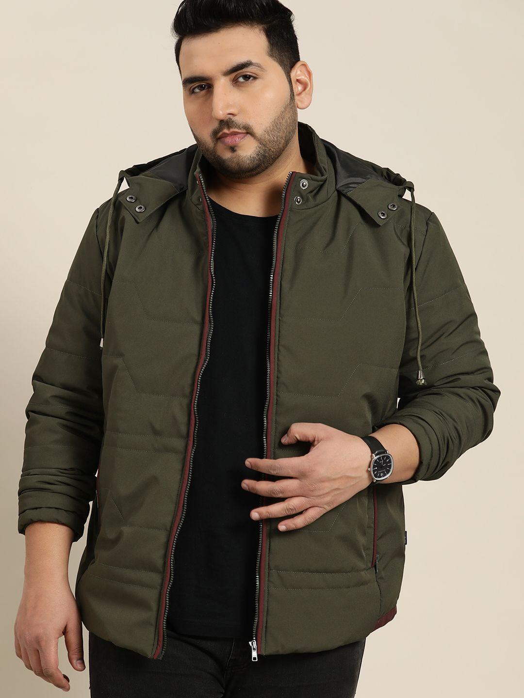 sztori men plus size olive green solid hooded padded jacket