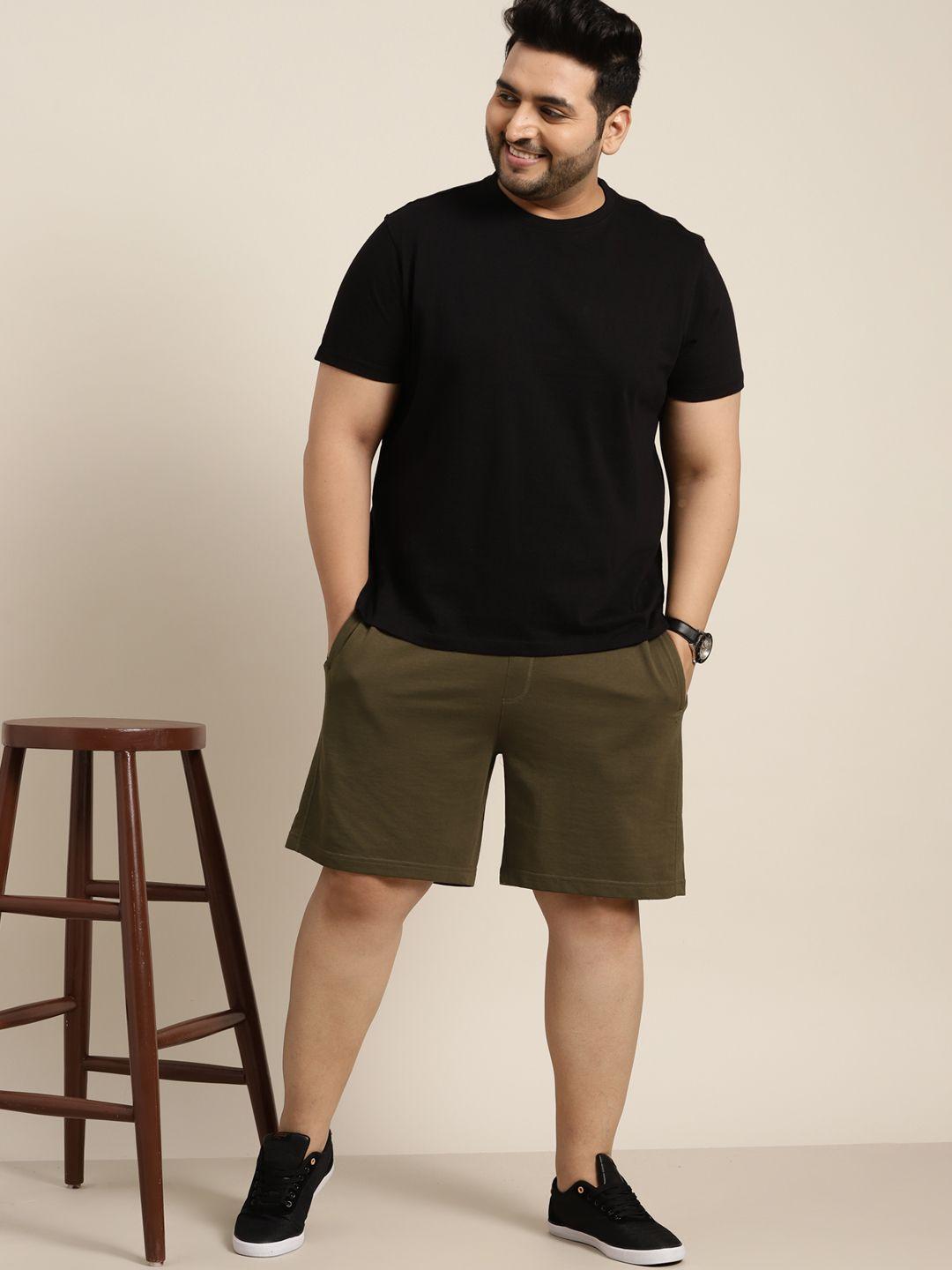 sztori men plus size olive green solid panelled shorts