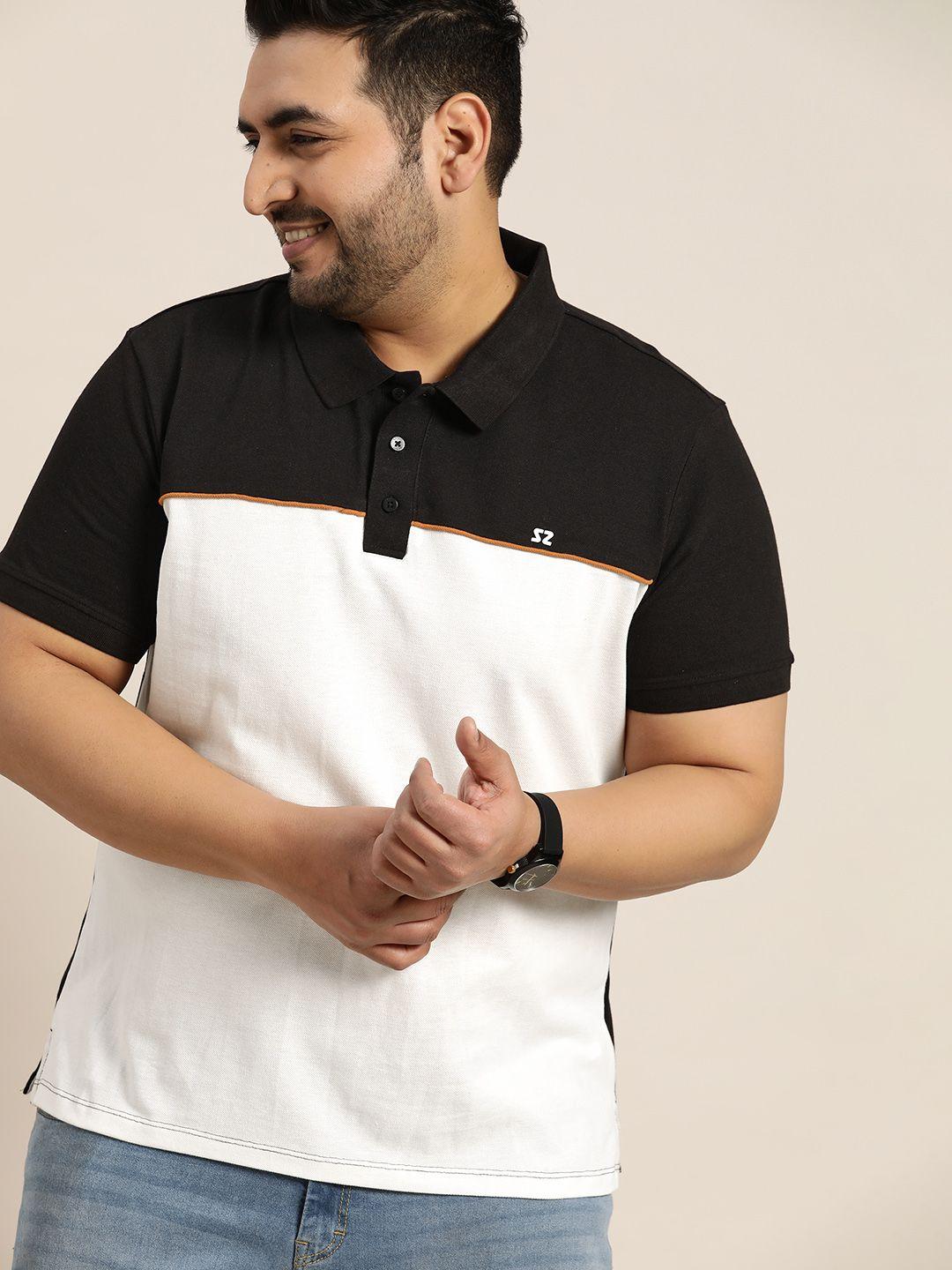 sztori men plus size white & black pure cotton colourblocked polo collar t-shirt