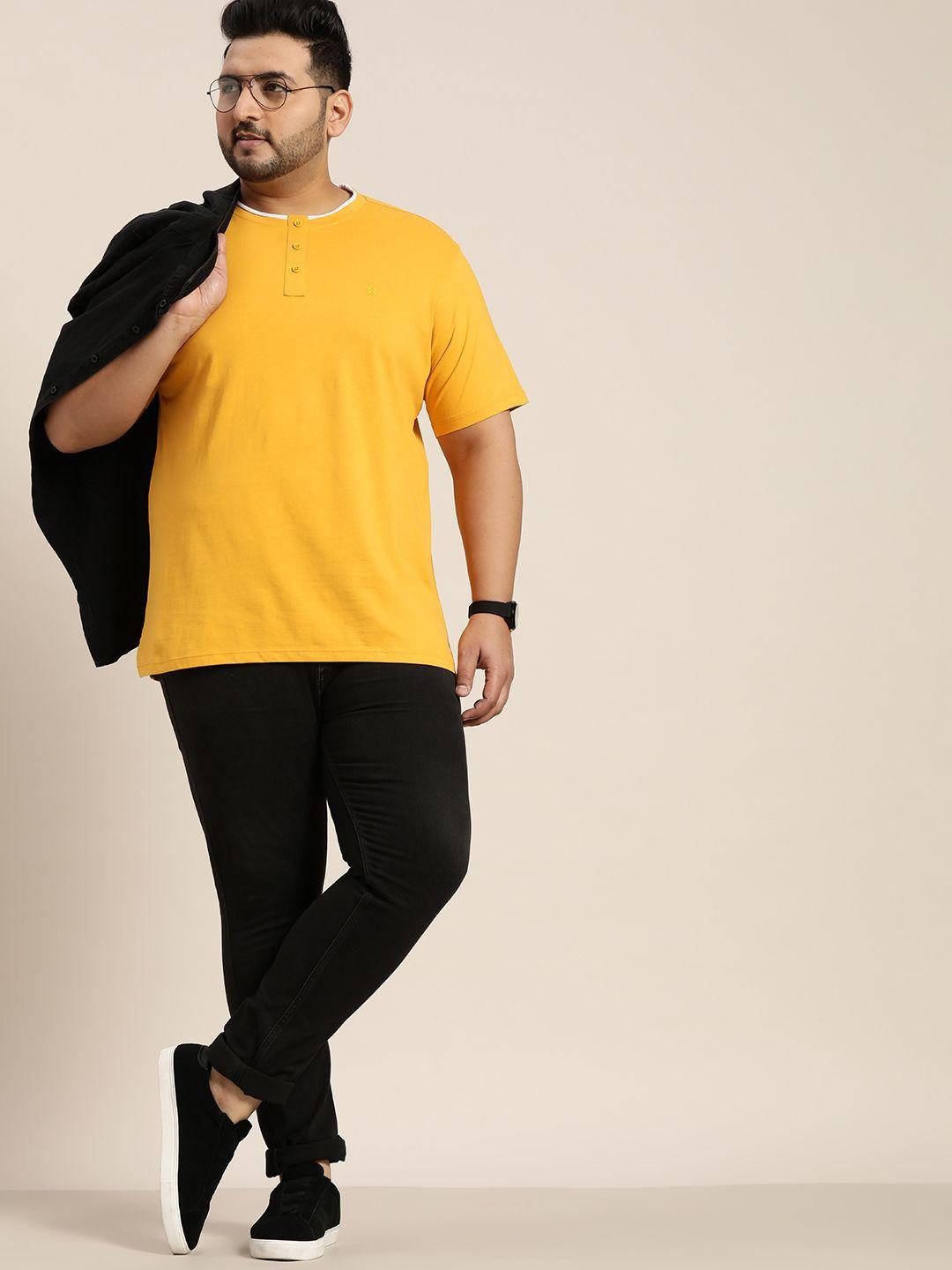 sztori men plus size yellow pure cotton solid henley neck t-shirt