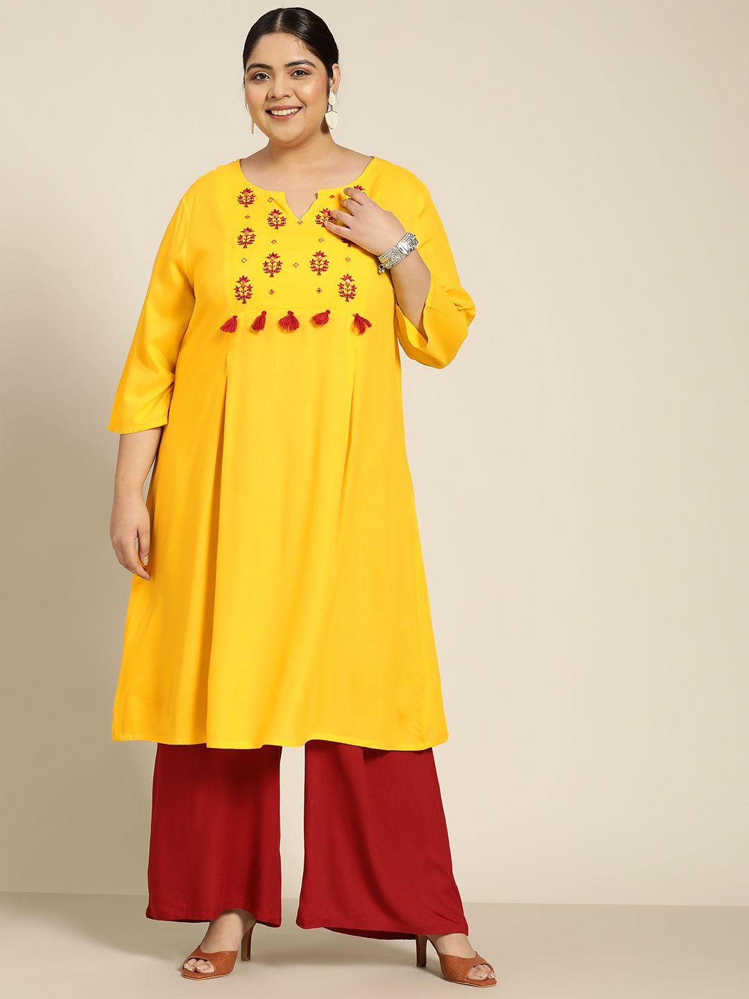 sztori plus size  women yellow yoke deisgn embroidered thread work kurta