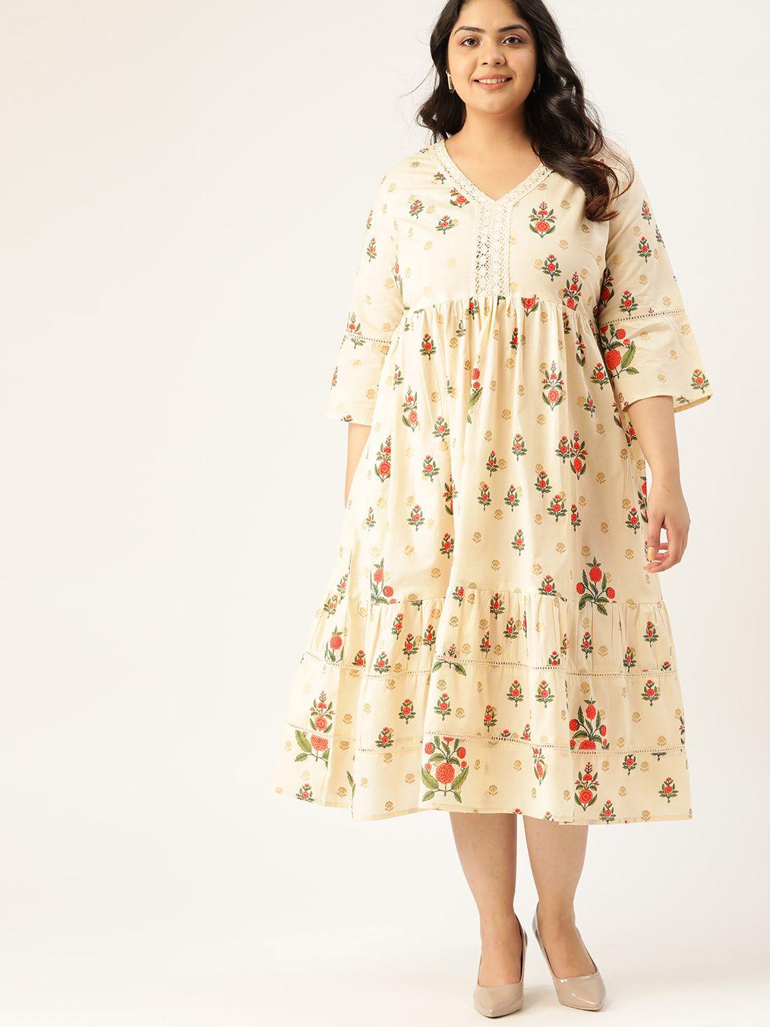 sztori plus size cream coloured & pink floral printed pure cotton tiered a-line dress