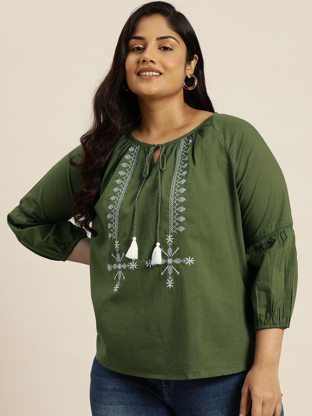 sztori plus size embroidered tie-up neck puff sleeve cotton top