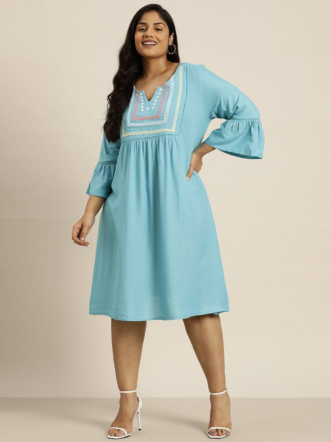 sztori plus size embroidered yoke design bell sleeves a-line dress