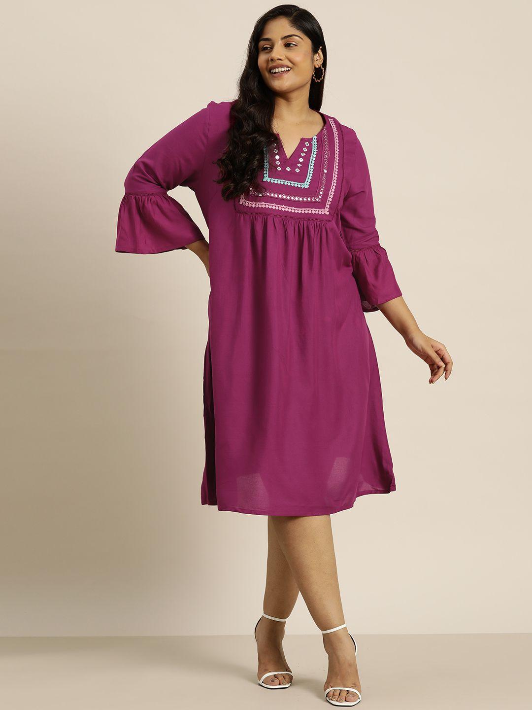 sztori plus size embroidered yoke design bell sleeves a-line dress