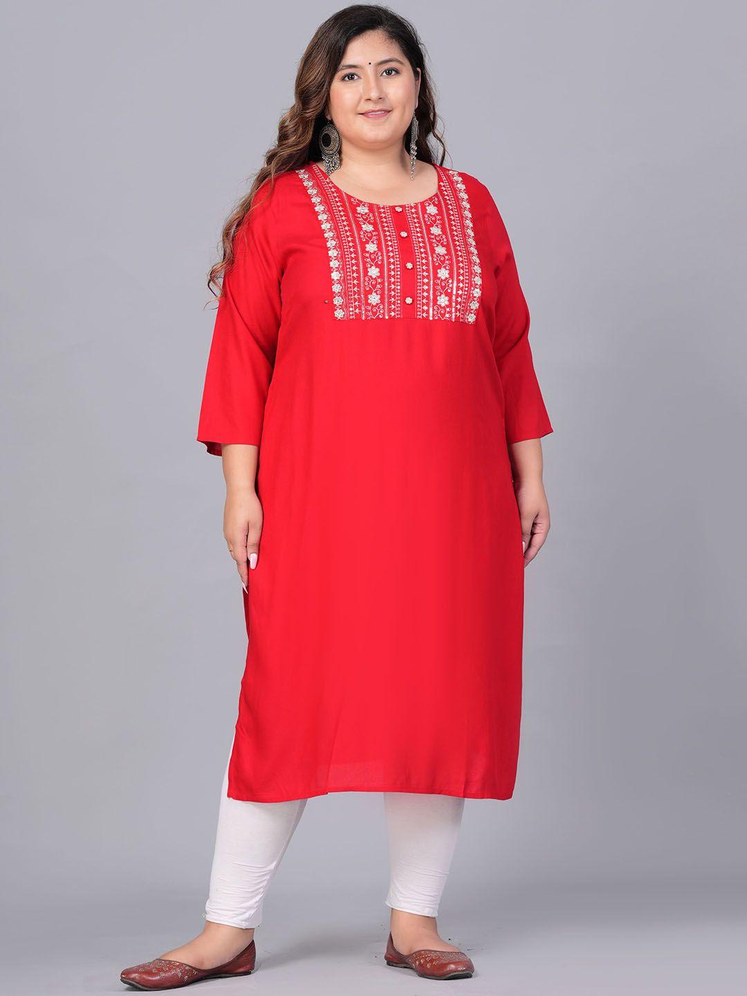 sztori plus size embroidered yoke design round neck three-quarter sleeves straight kurta