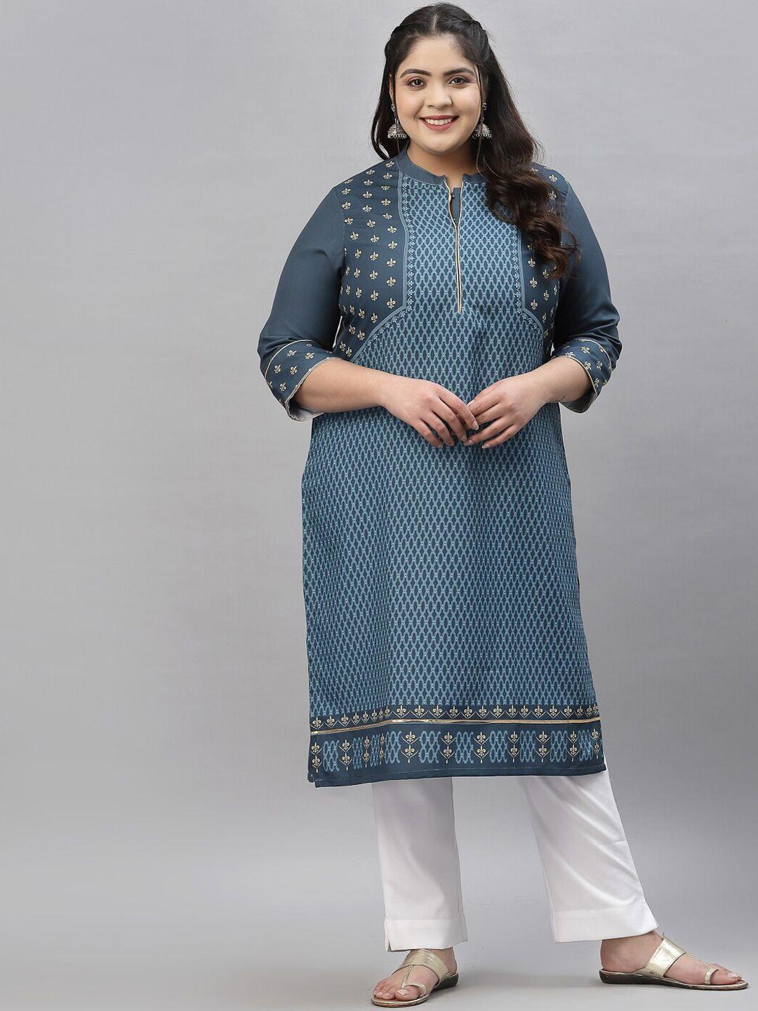 sztori plus size ethnic motifs foil printed mandarin collar straight kurta with trousers