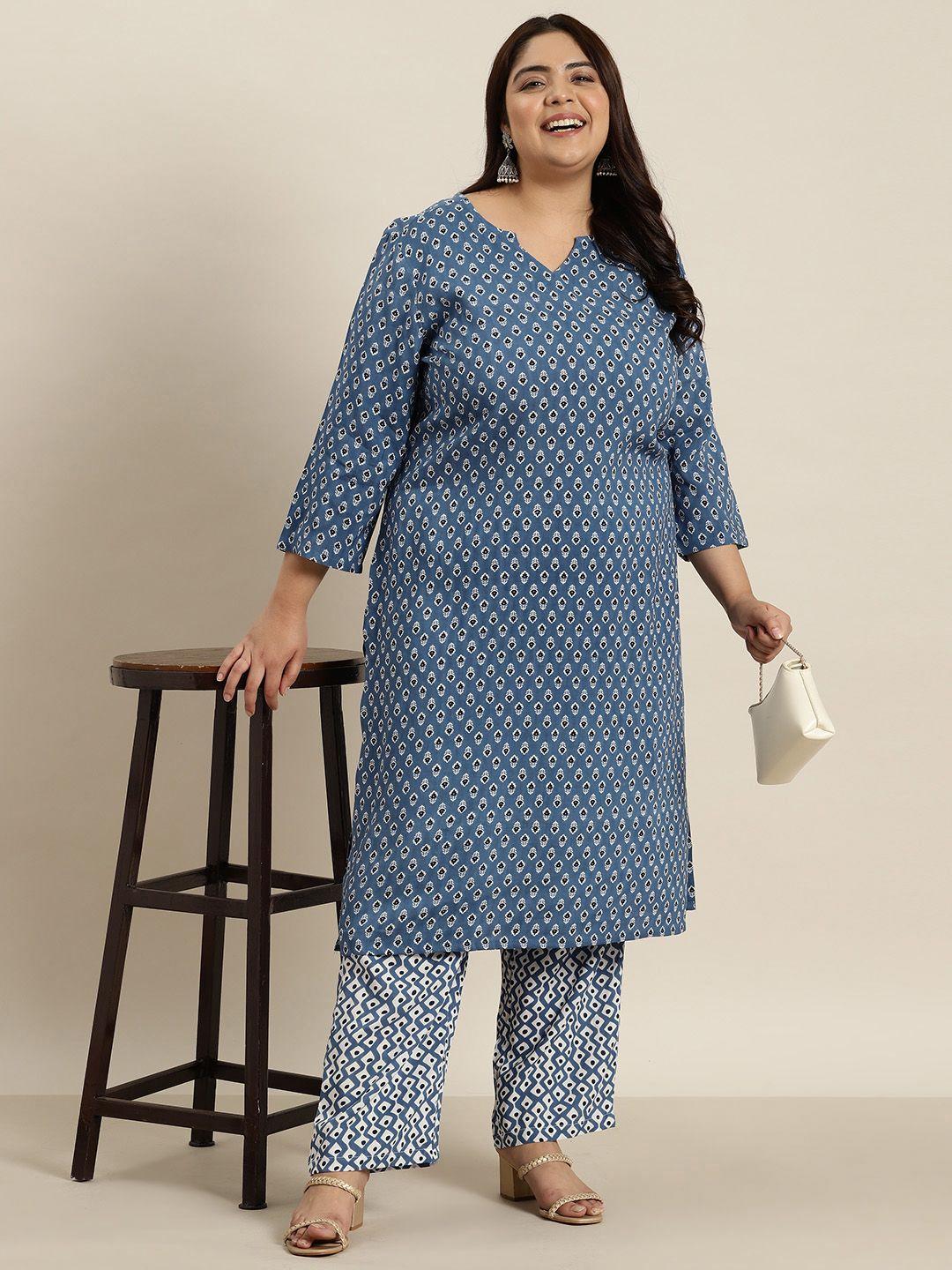 sztori plus size ethnic motifs printed kurta with trousers