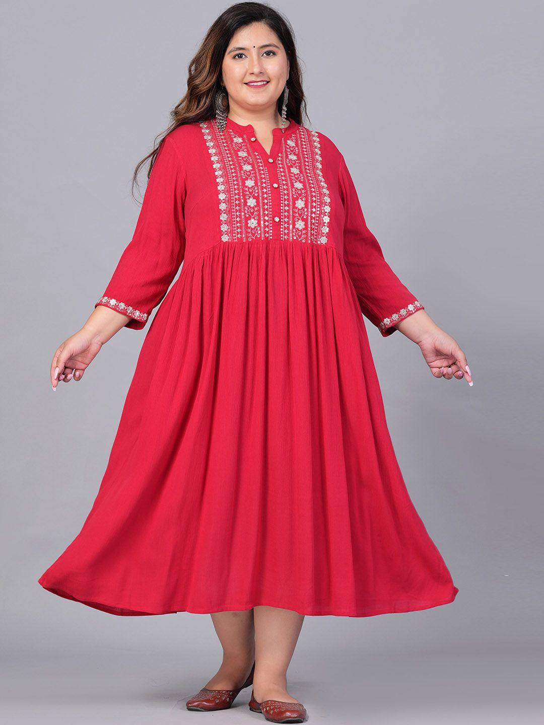 sztori plus size floral embroidered mandarin collar fit and flare midi ethnic dresses