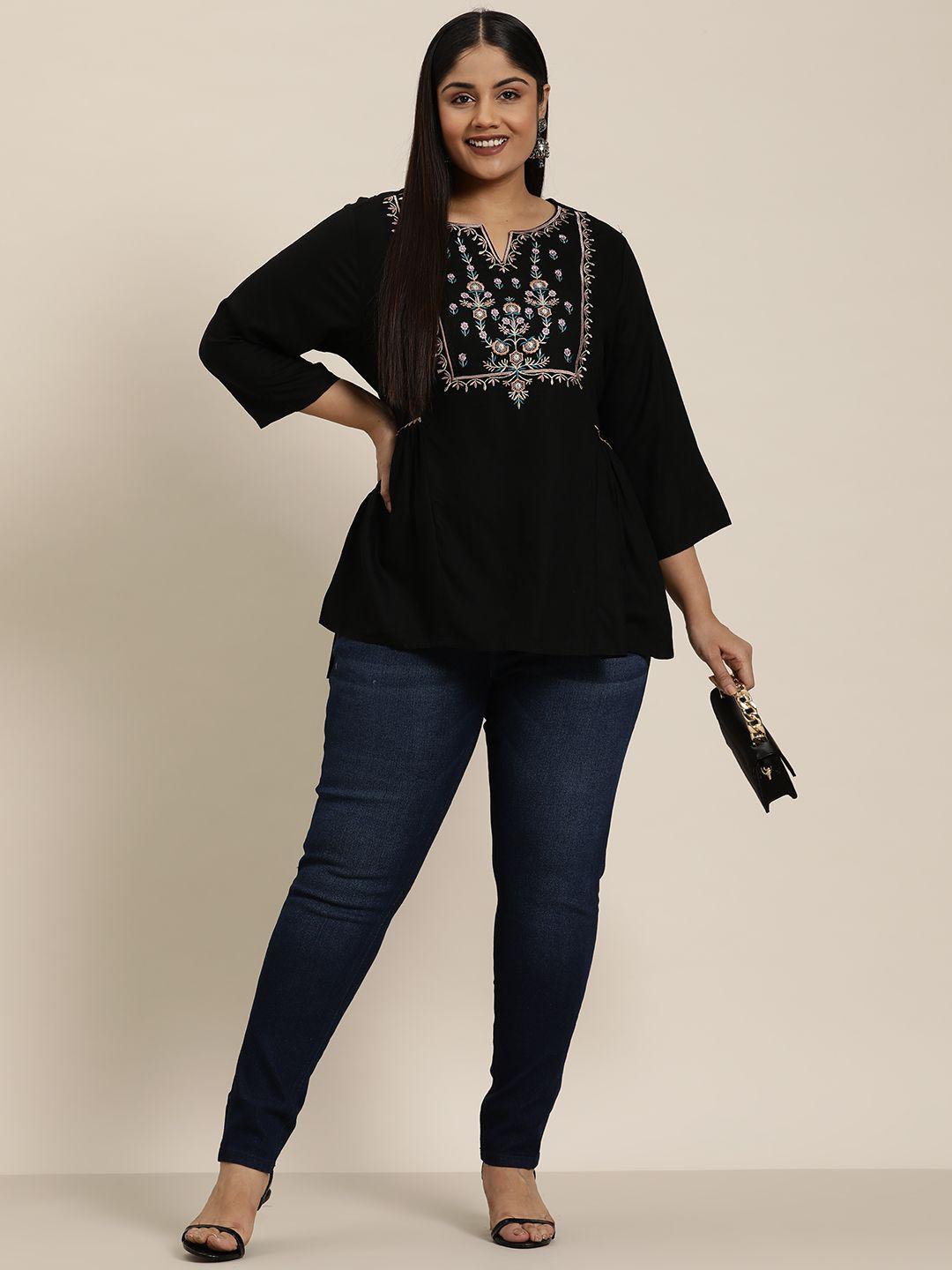 sztori plus size floral embroidered pleated & gotta patti detail a-line top