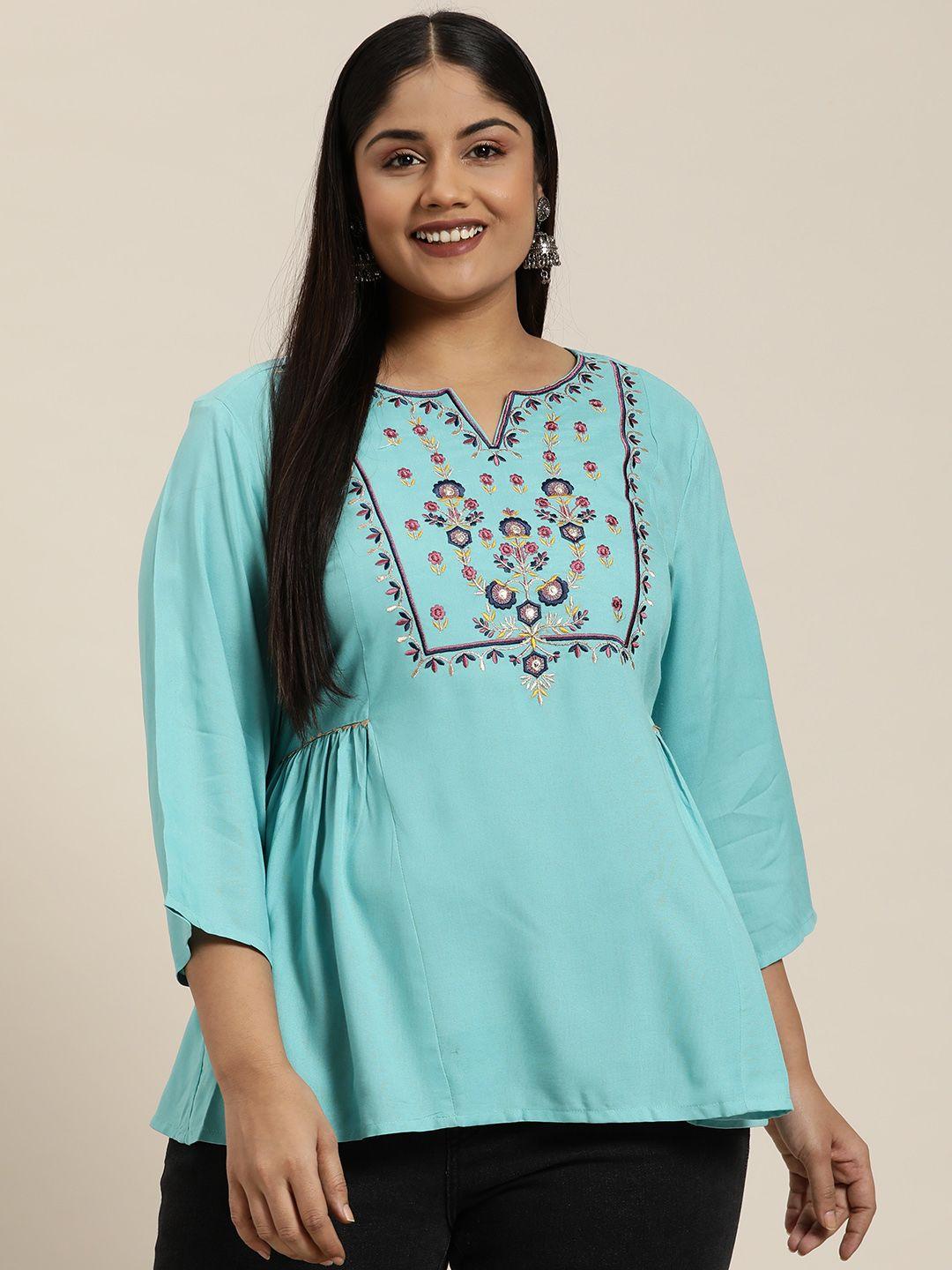 sztori plus size floral embroidered pleated & gotta patti detail a-line top