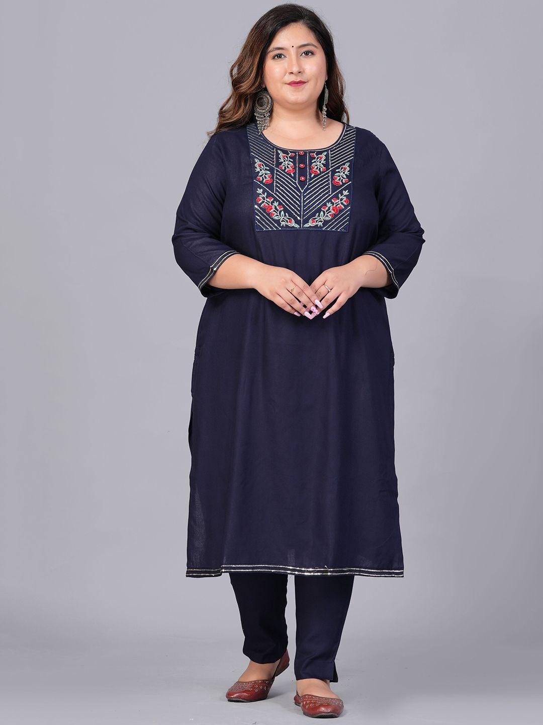 sztori plus size floral embroidered regular straight kurta with trousers