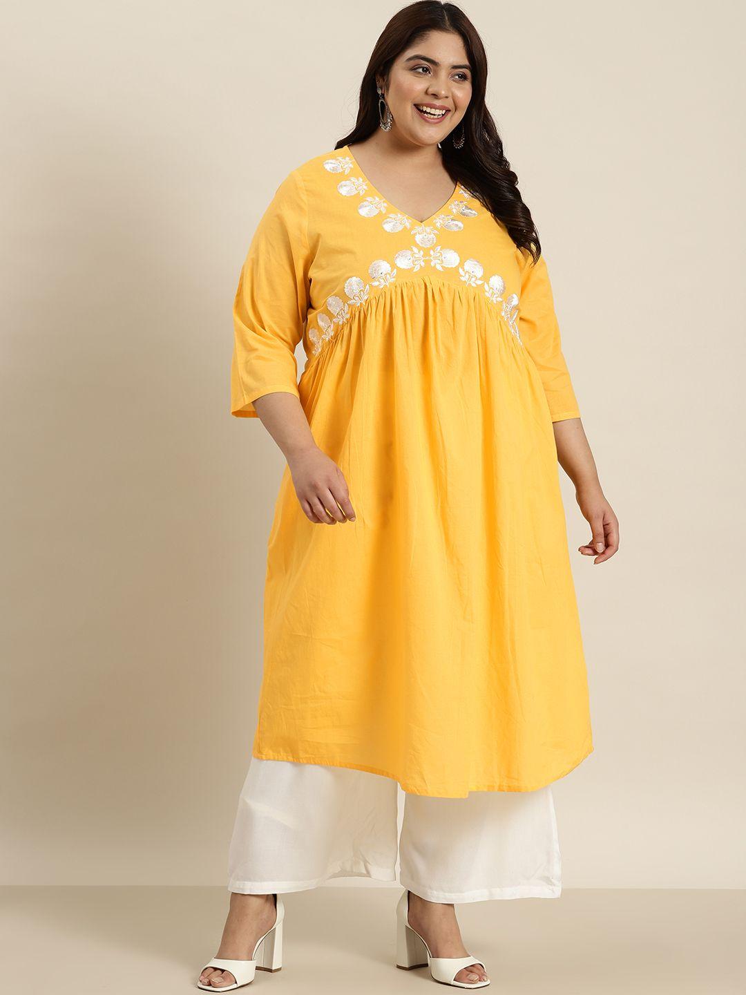 sztori plus size floral embroidered v-neck cotton empire kurta