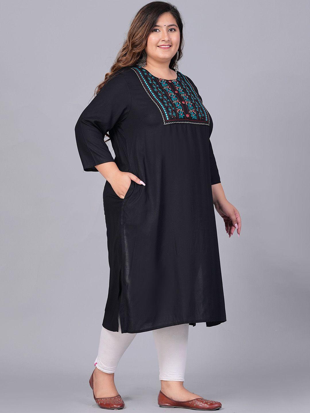 sztori plus size floral embroidered yoke mirror work straight kurta