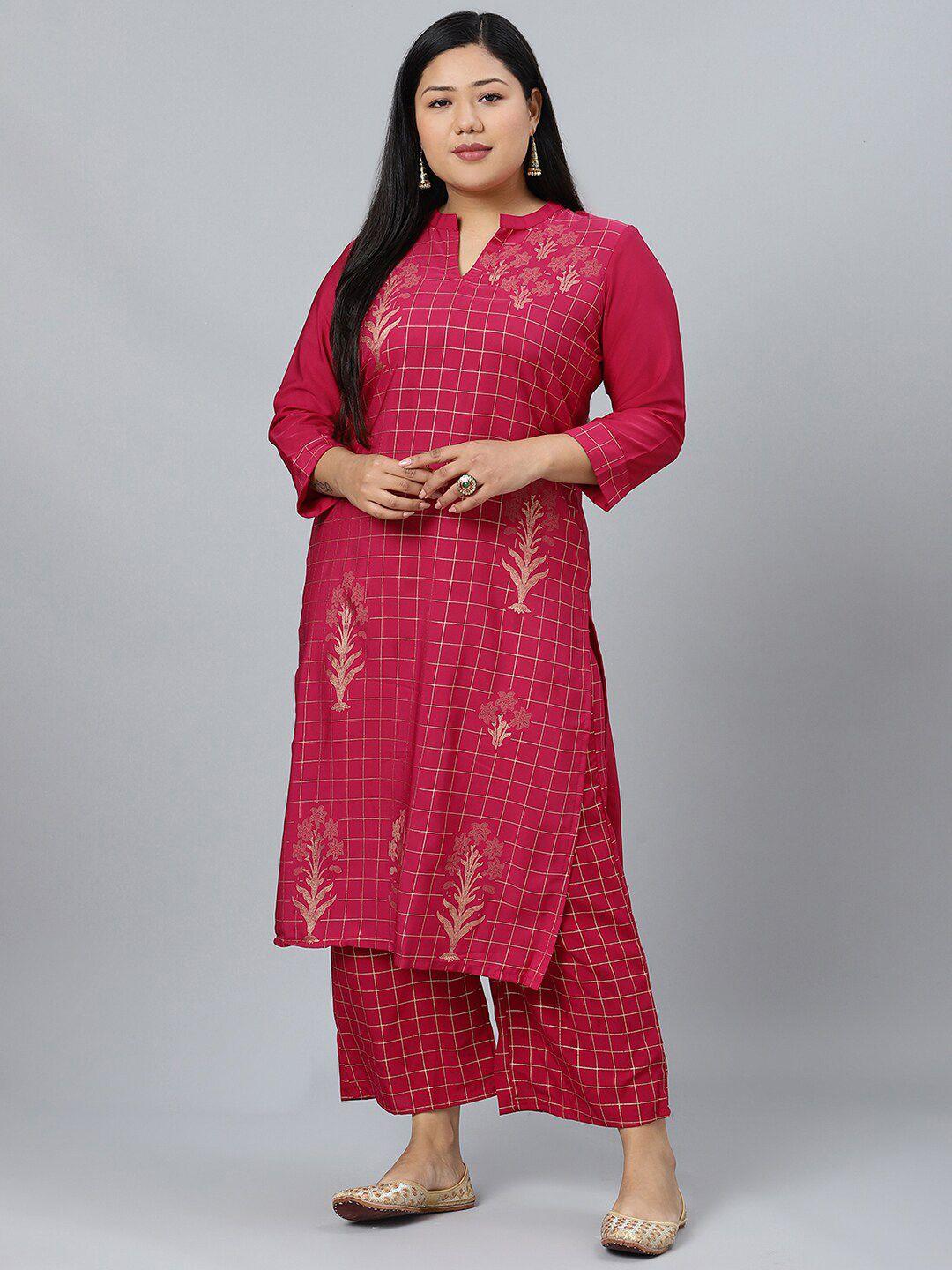 sztori plus size floral foil printed mandarin collar straight kurta with palazzos