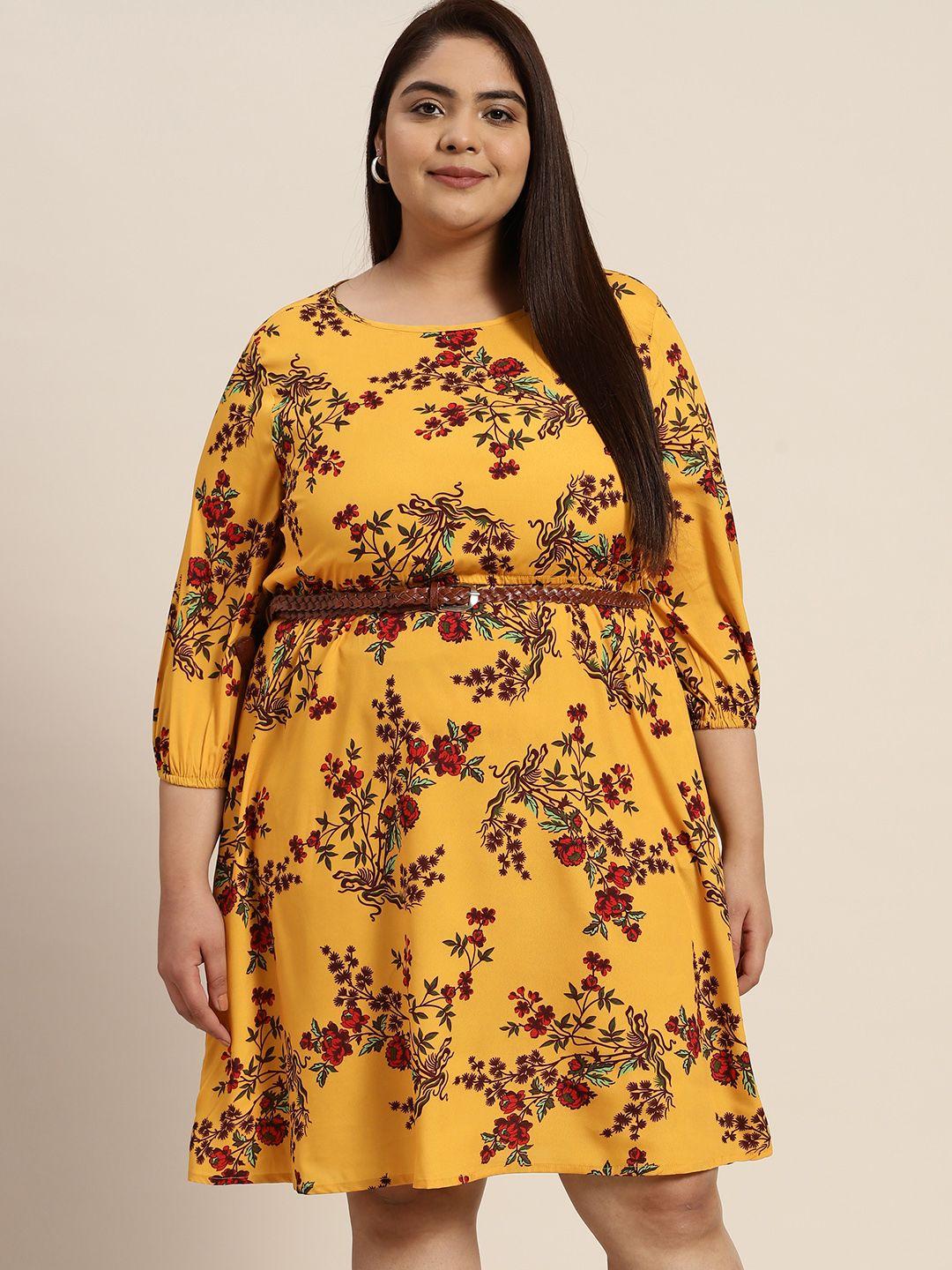 sztori plus size floral print a-line dress with belt