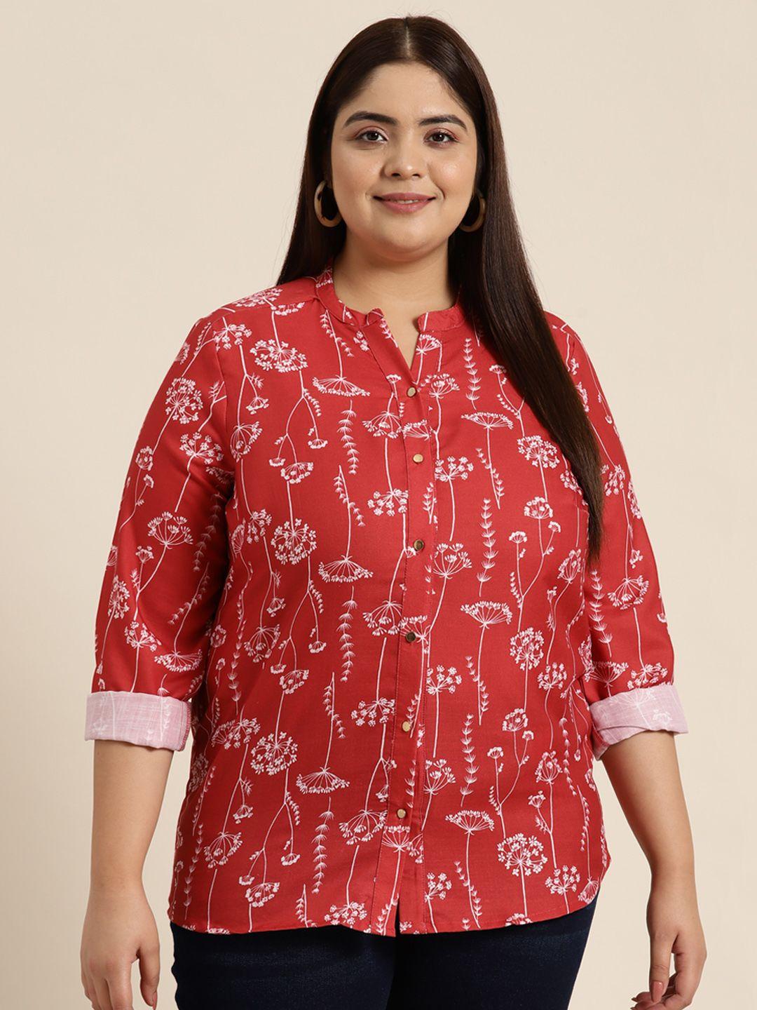 sztori plus size floral print mandarin collar shirt style top