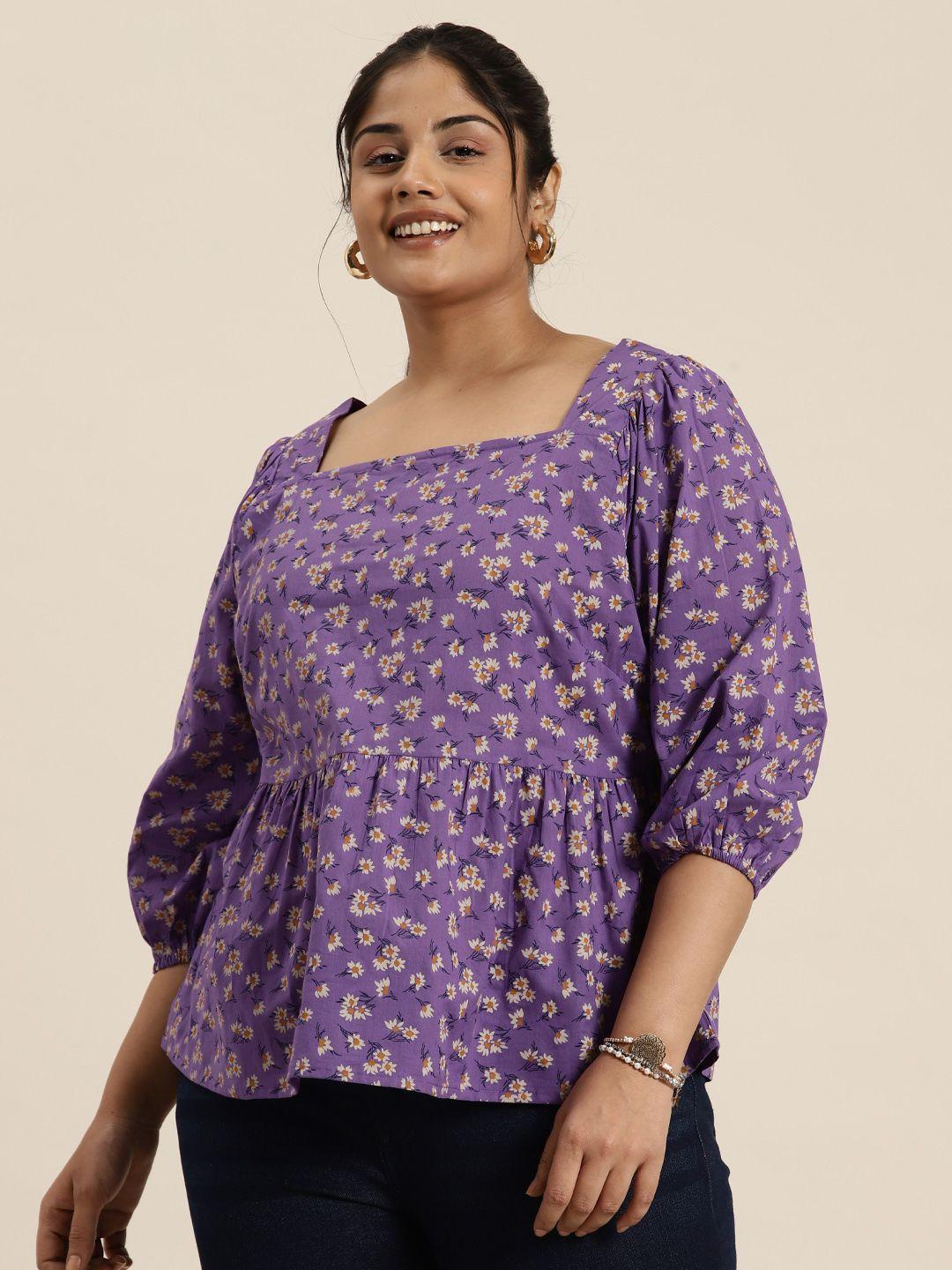 sztori plus size floral print puff sleeve cotton peplum top