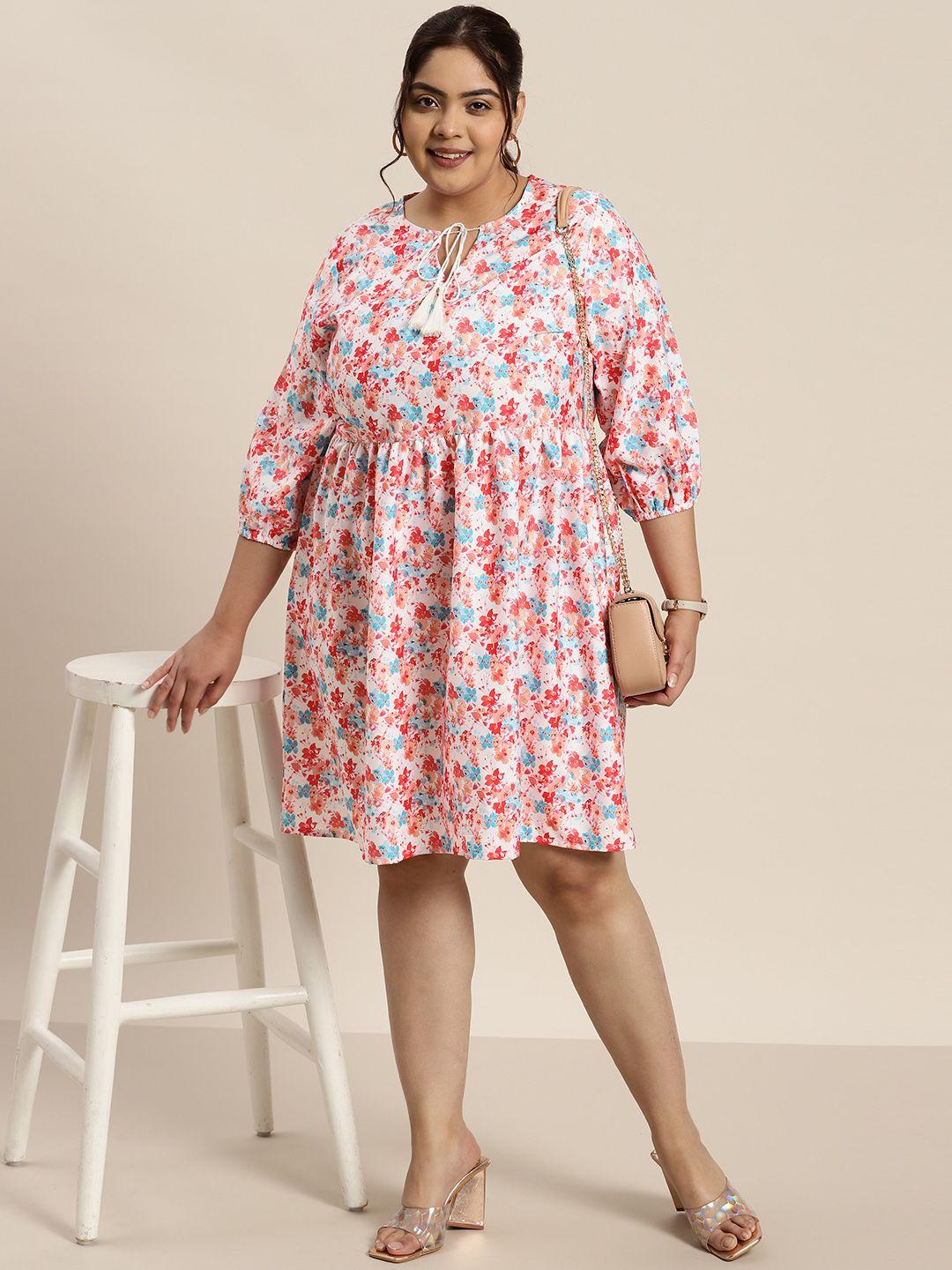 sztori plus size floral print tie-up neck puff sleeve a-line dress