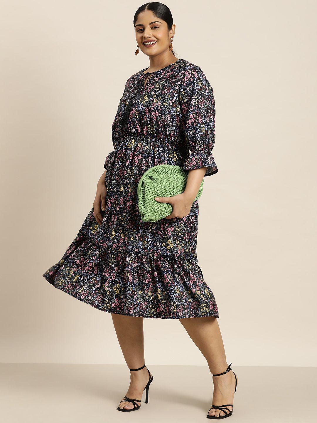 sztori plus size floral print tie-up neck tiered a-line midi dress