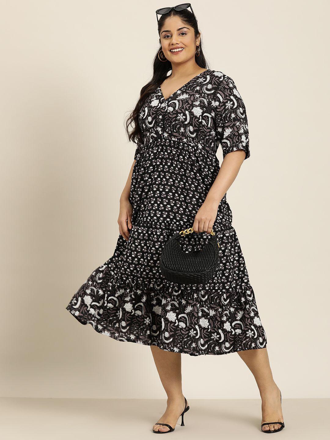 sztori plus size floral print v-neck tiered midi a-line dress