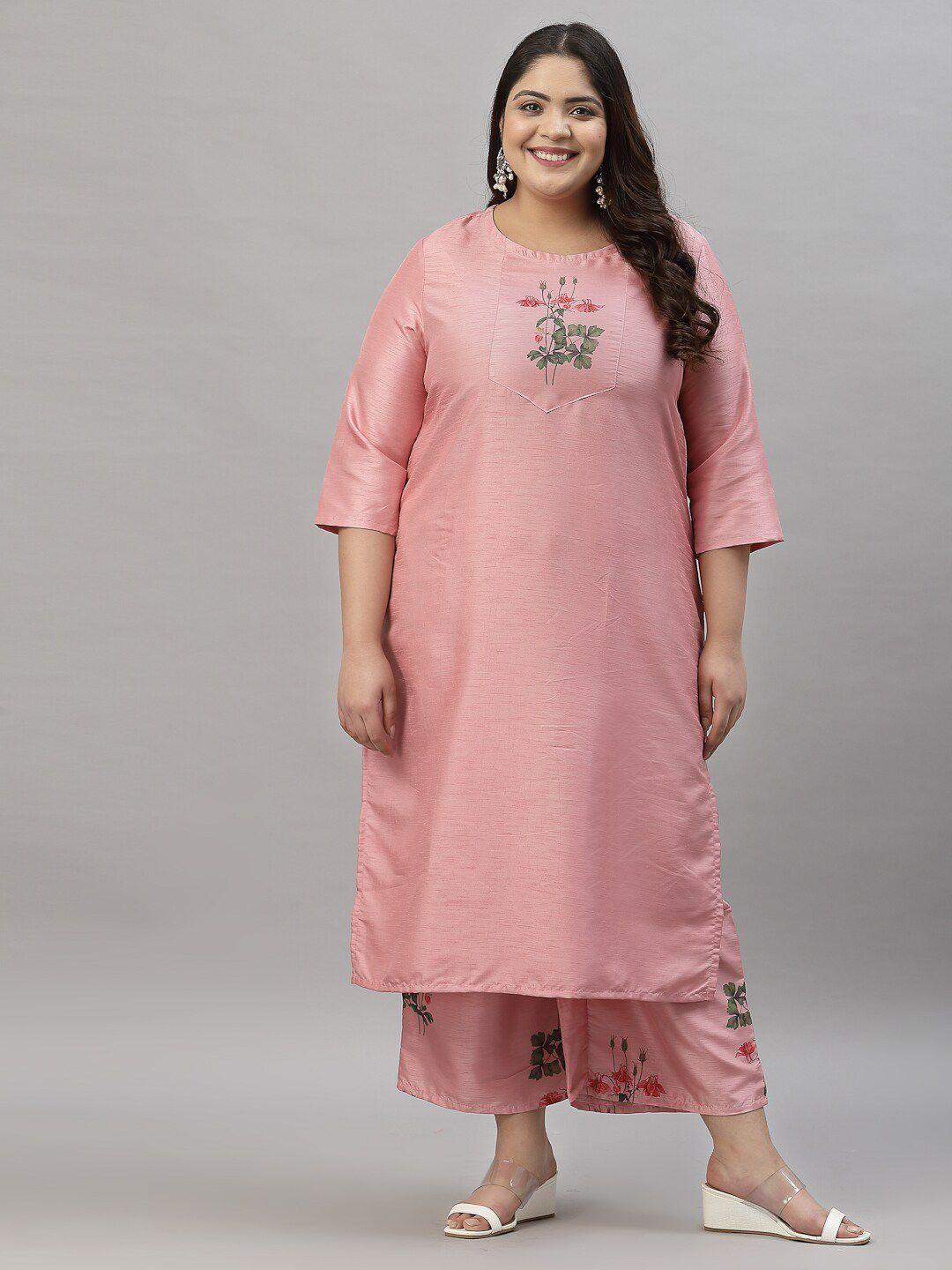 sztori plus size floral printed straight kurta with trousers