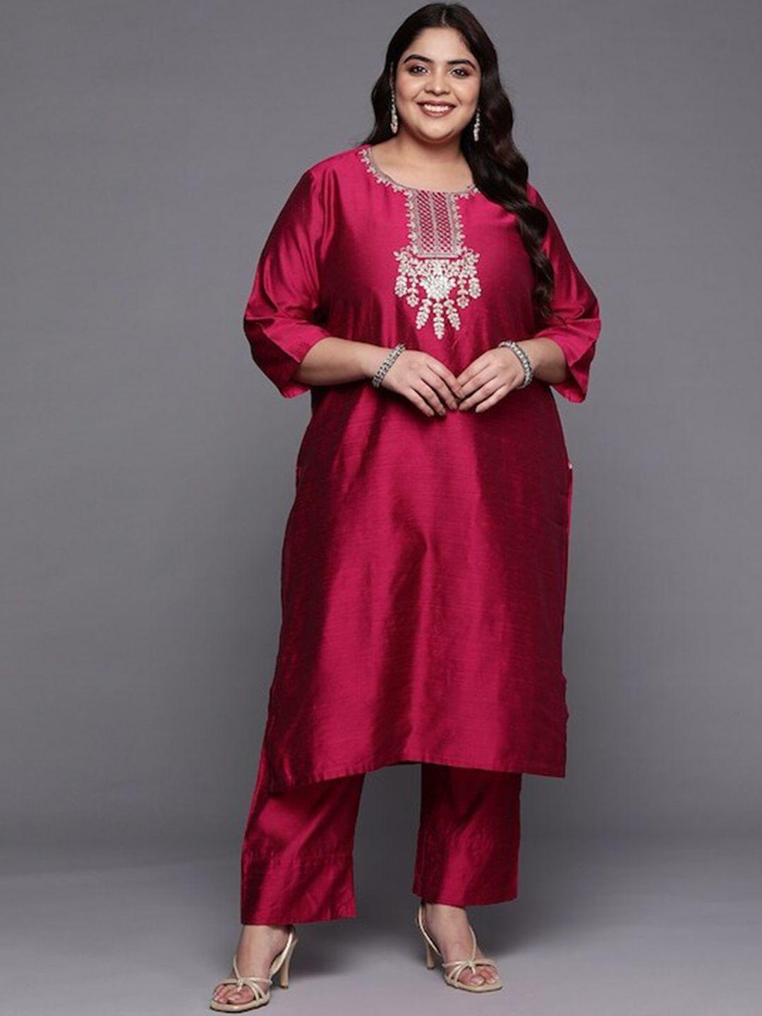 sztori plus size floral yoke design regular thread work kurta with trousers