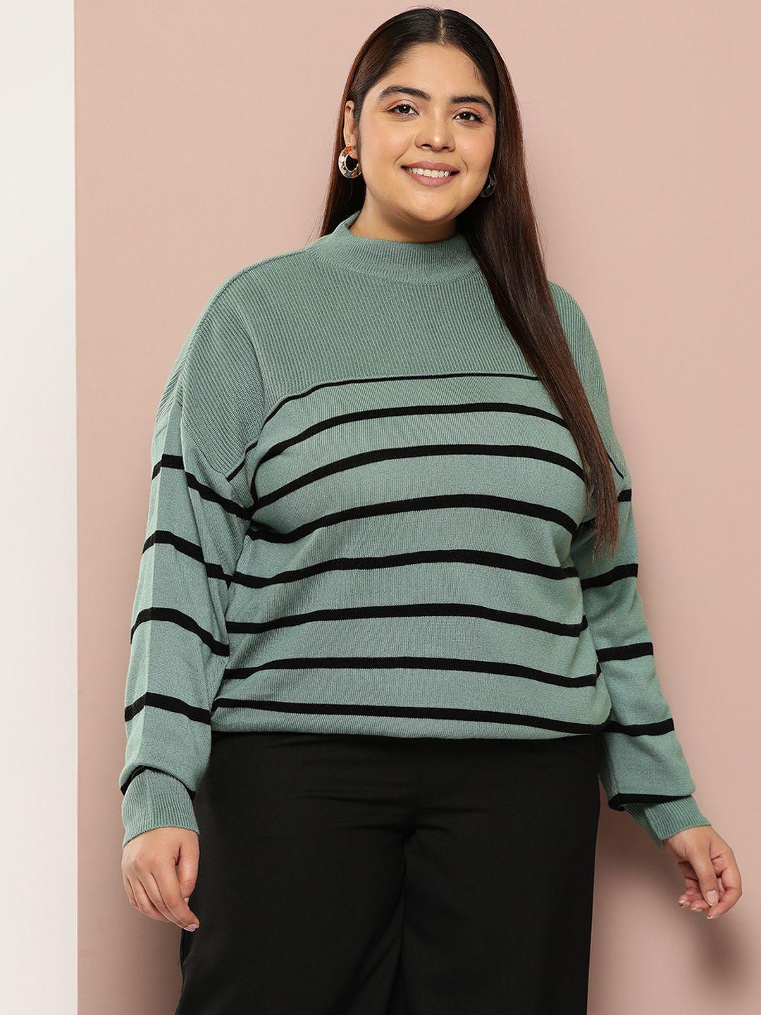 sztori plus size horizontally striped round-neck acrylic pullover