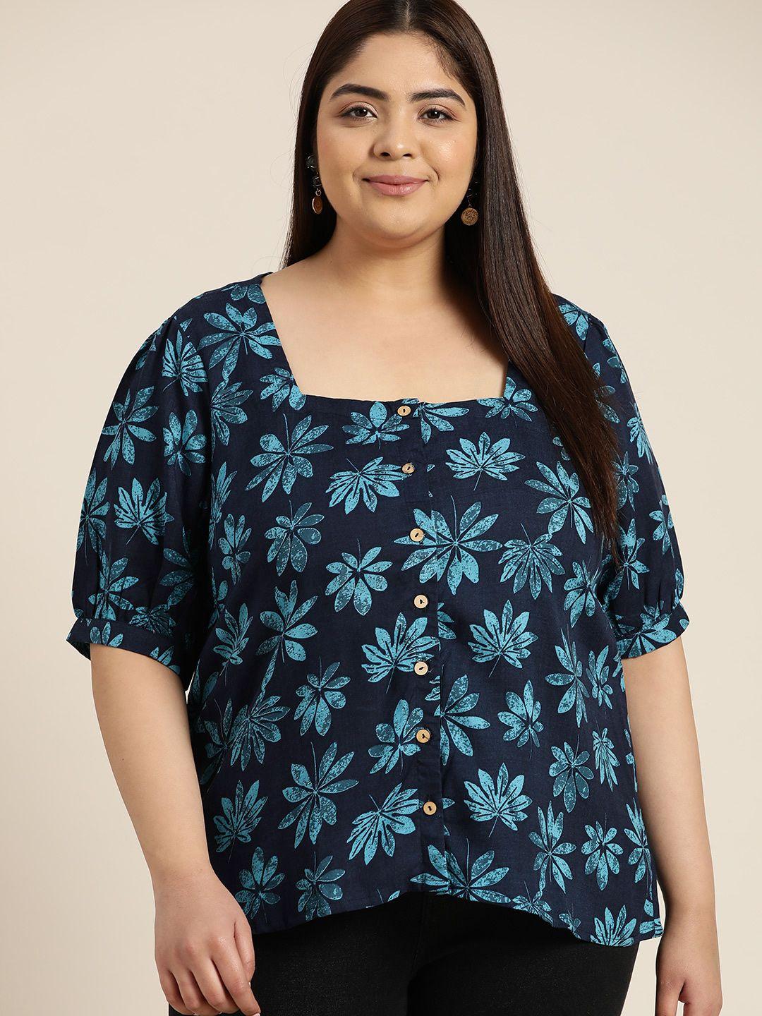 sztori plus size leaf print square neck fusion top