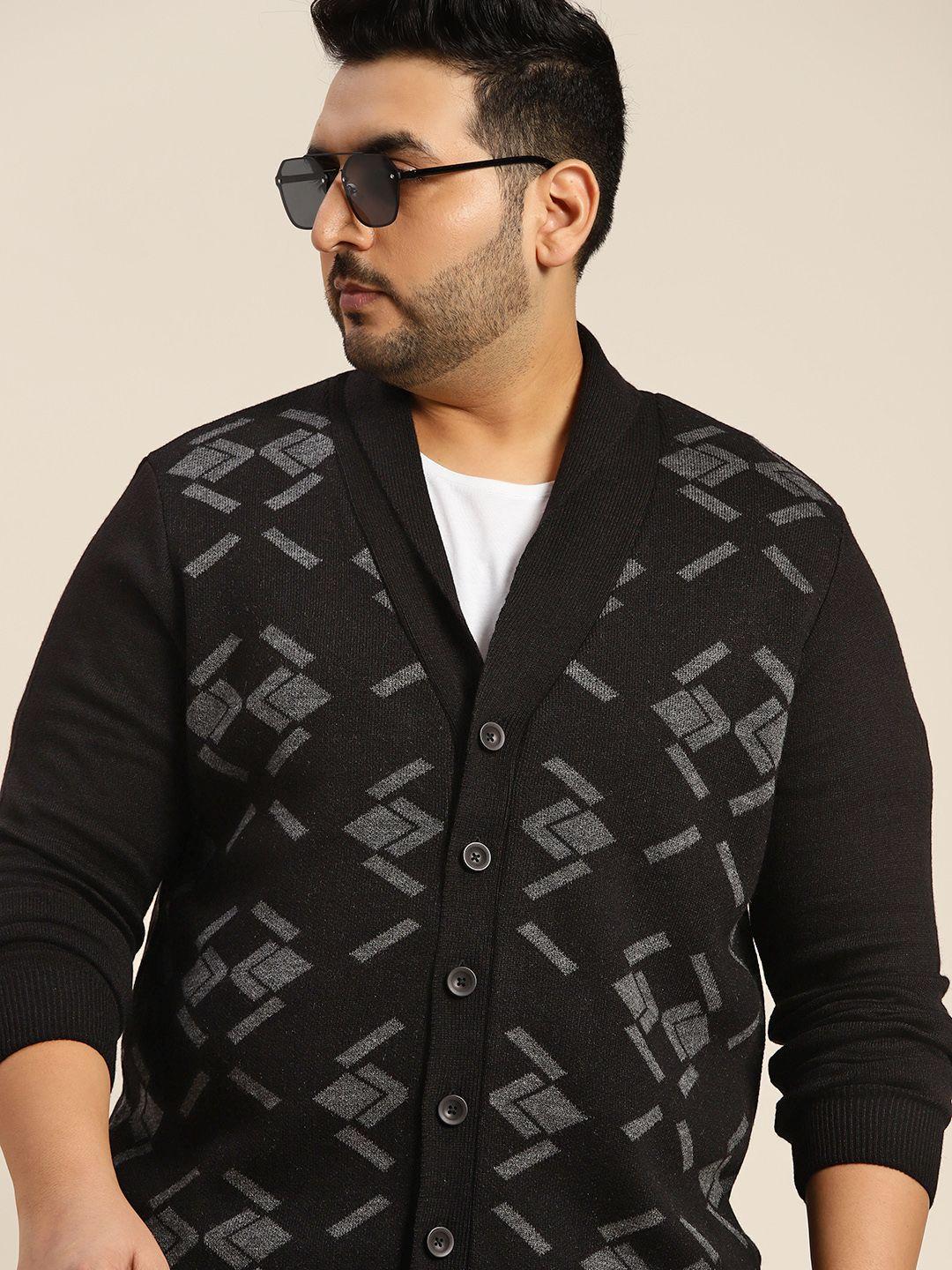 sztori plus size men black & grey geometric design cardigan