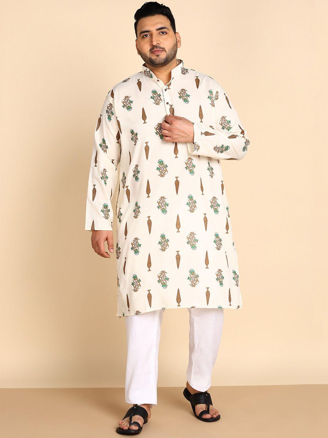 sztori plus size men cream-coloured floral printed regular kurta with pyjamas