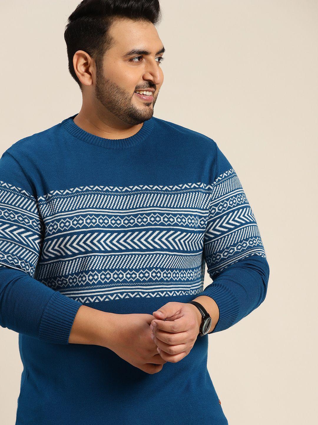 sztori plus size men navy blue & white geometric design pullover