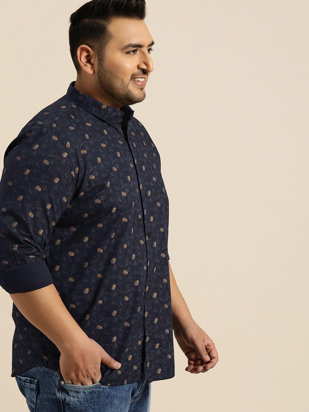 sztori plus size men navy blue  brown regular fit printed casual shirt