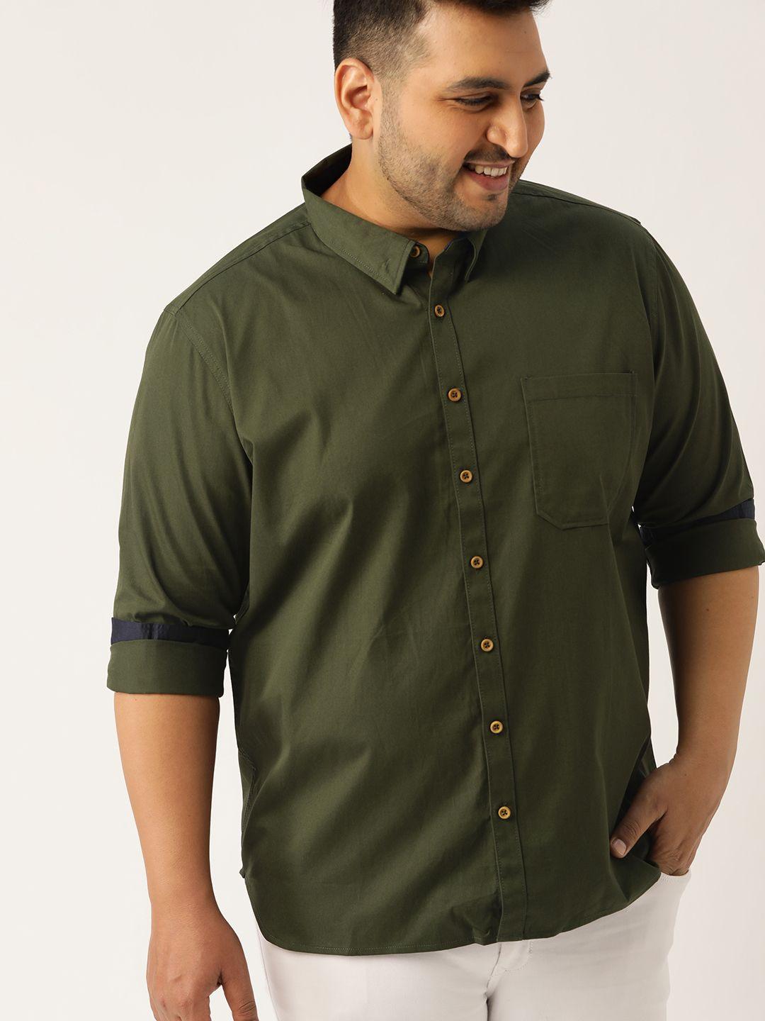 sztori plus size men olive green regular fit solid casual shirt