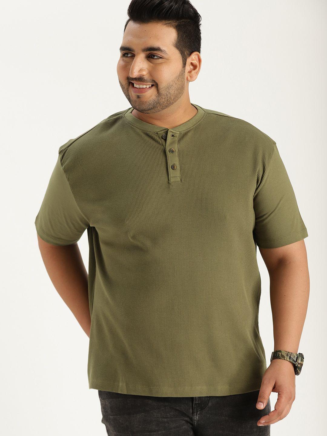 sztori plus size men olive green self design henley neck t-shirt