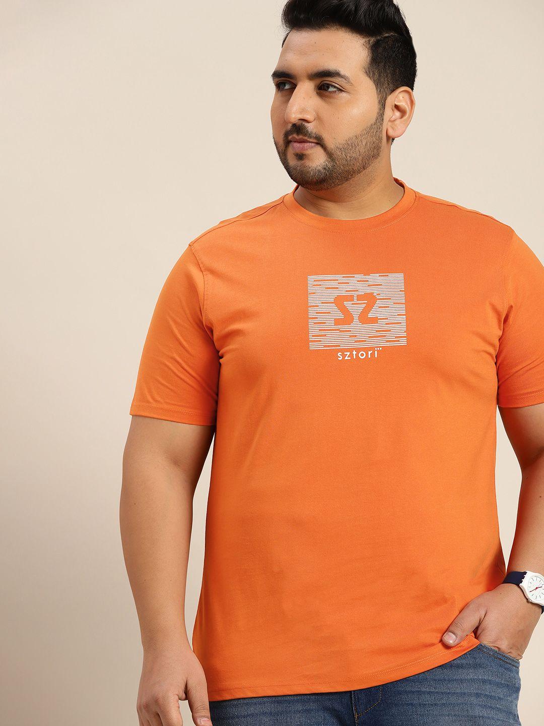 sztori plus size men orange & white brand logo printed pure cotton t-shirt