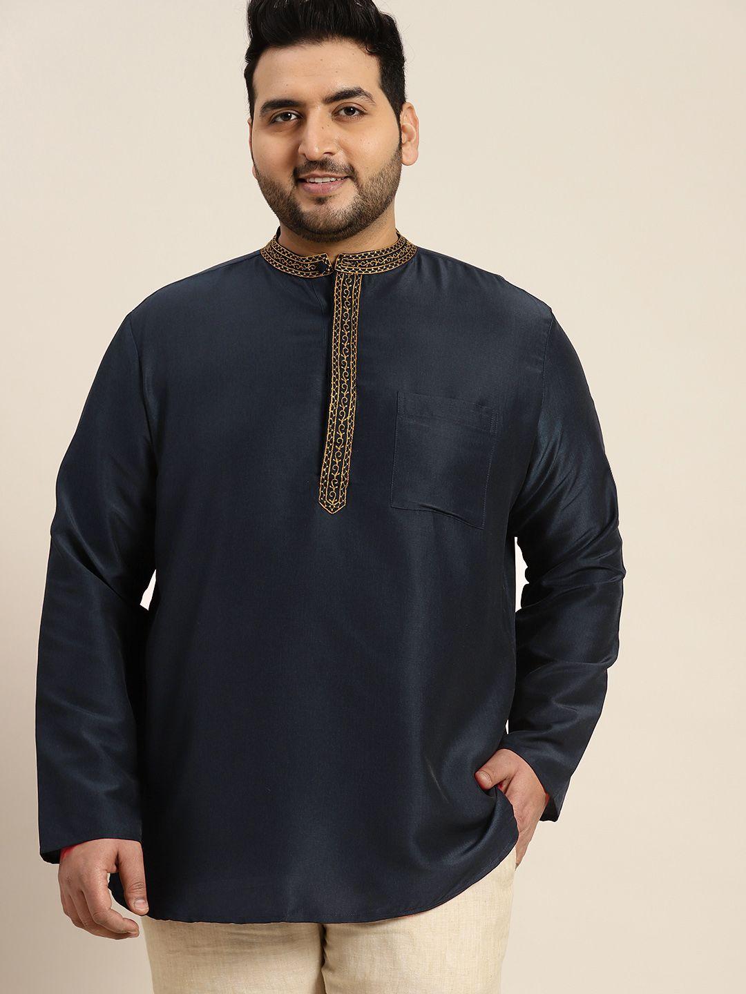 sztori plus size men yoke design embroidered indigo kurta