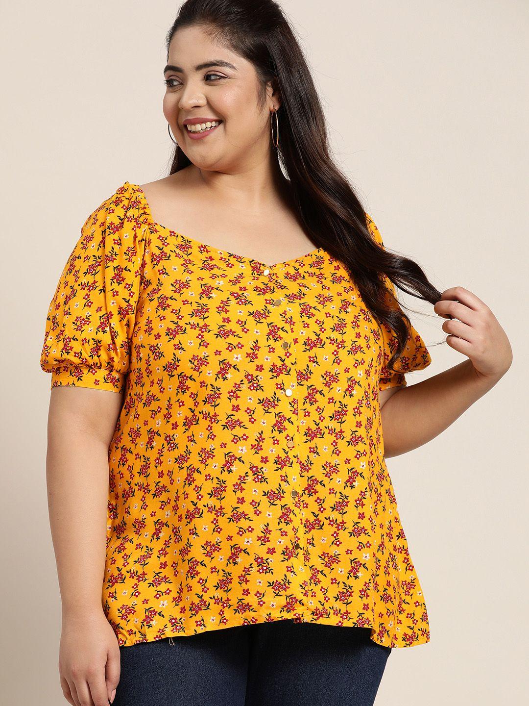 sztori plus size mustard yellow & maroon floral print top