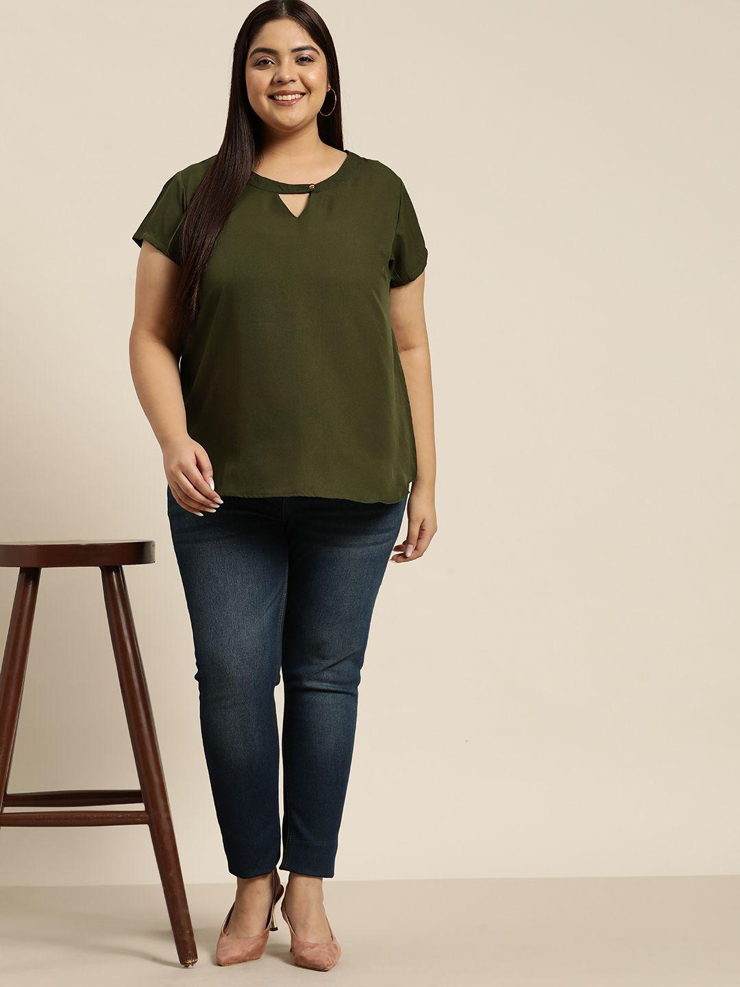 sztori plus size olive green solid cut-out detail top