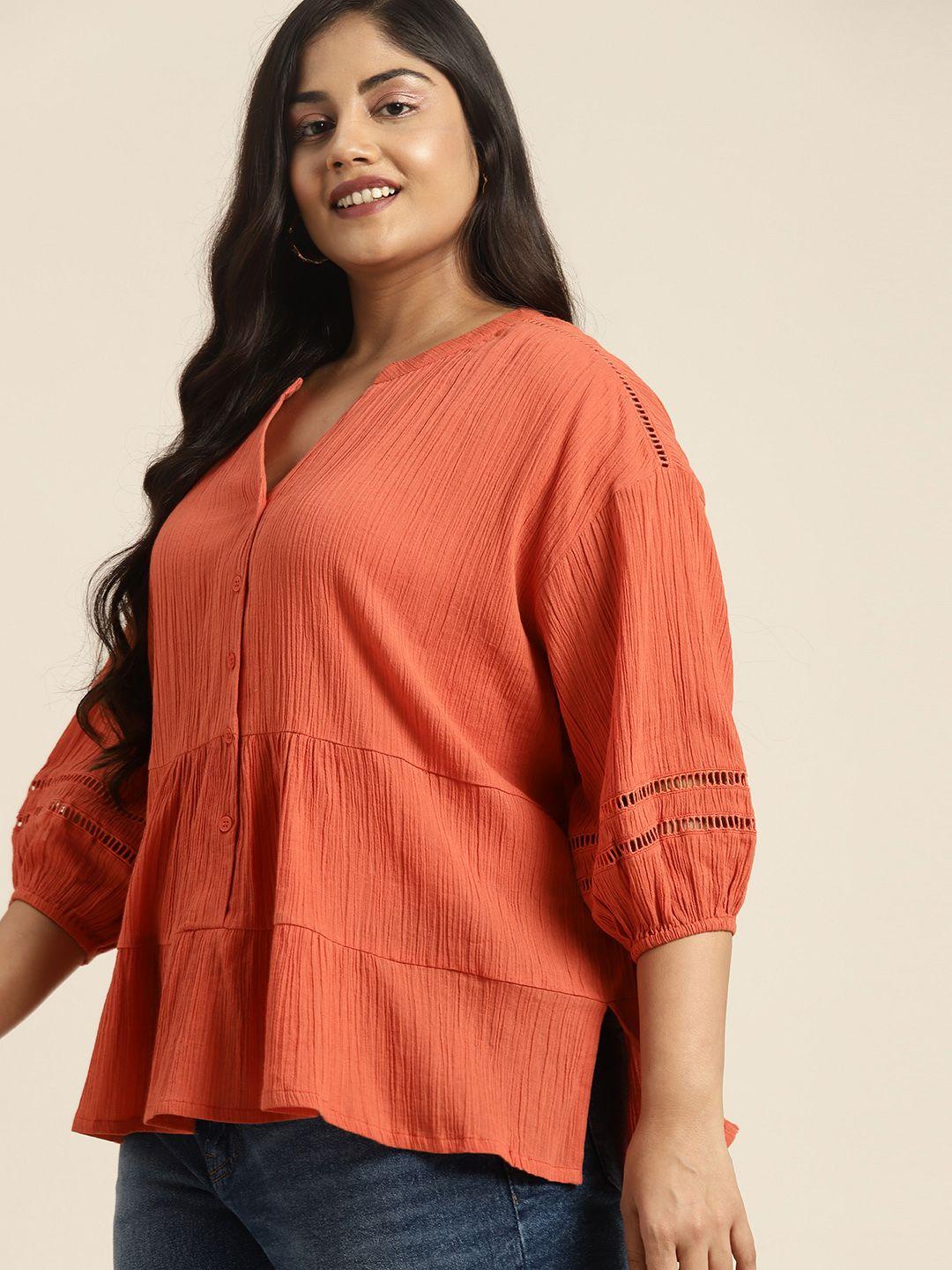 sztori plus size plisse cotton tiered top with lace detail