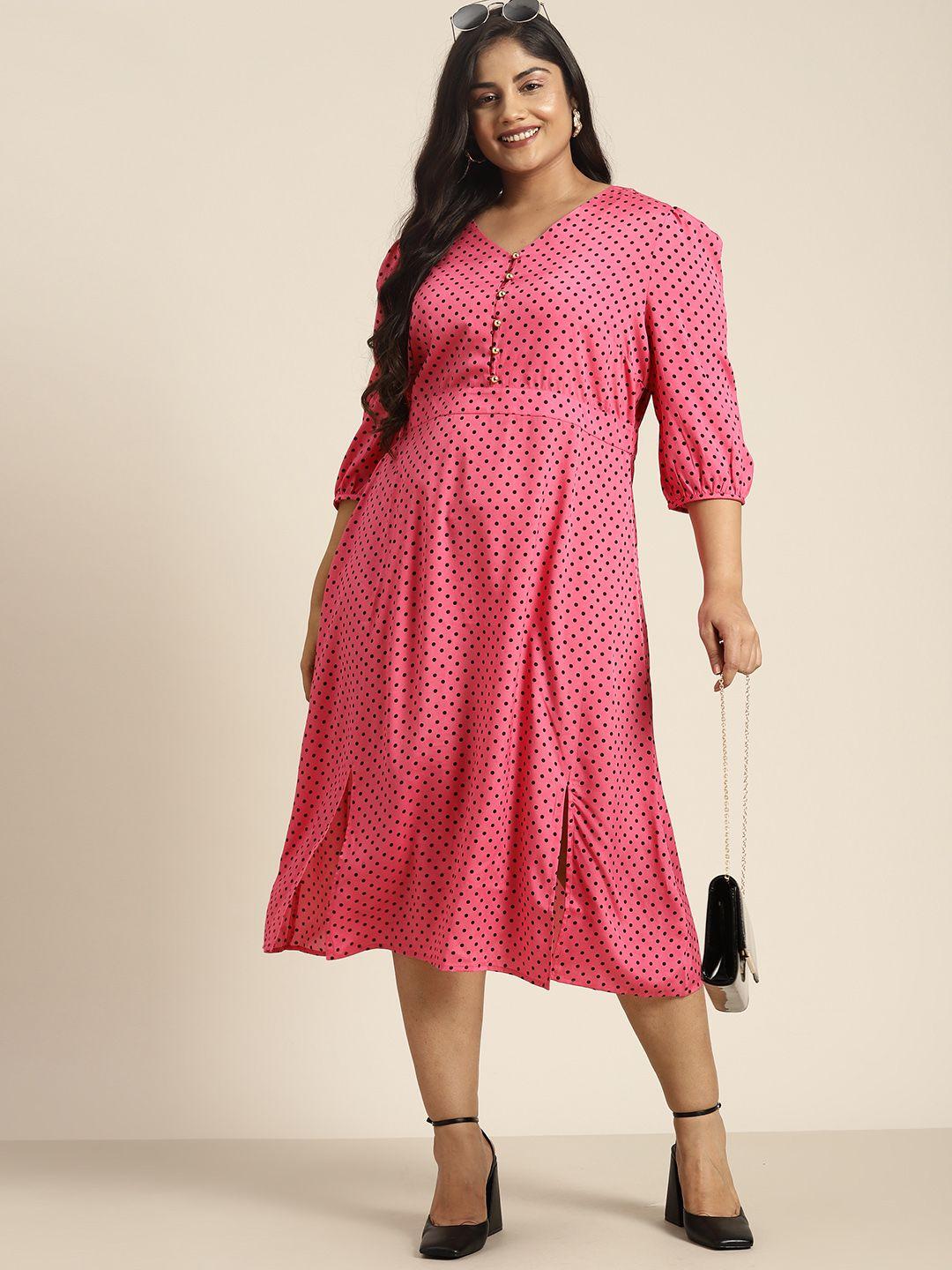 sztori plus size polka dots printed puff sleeves slit detail a-line midi dress