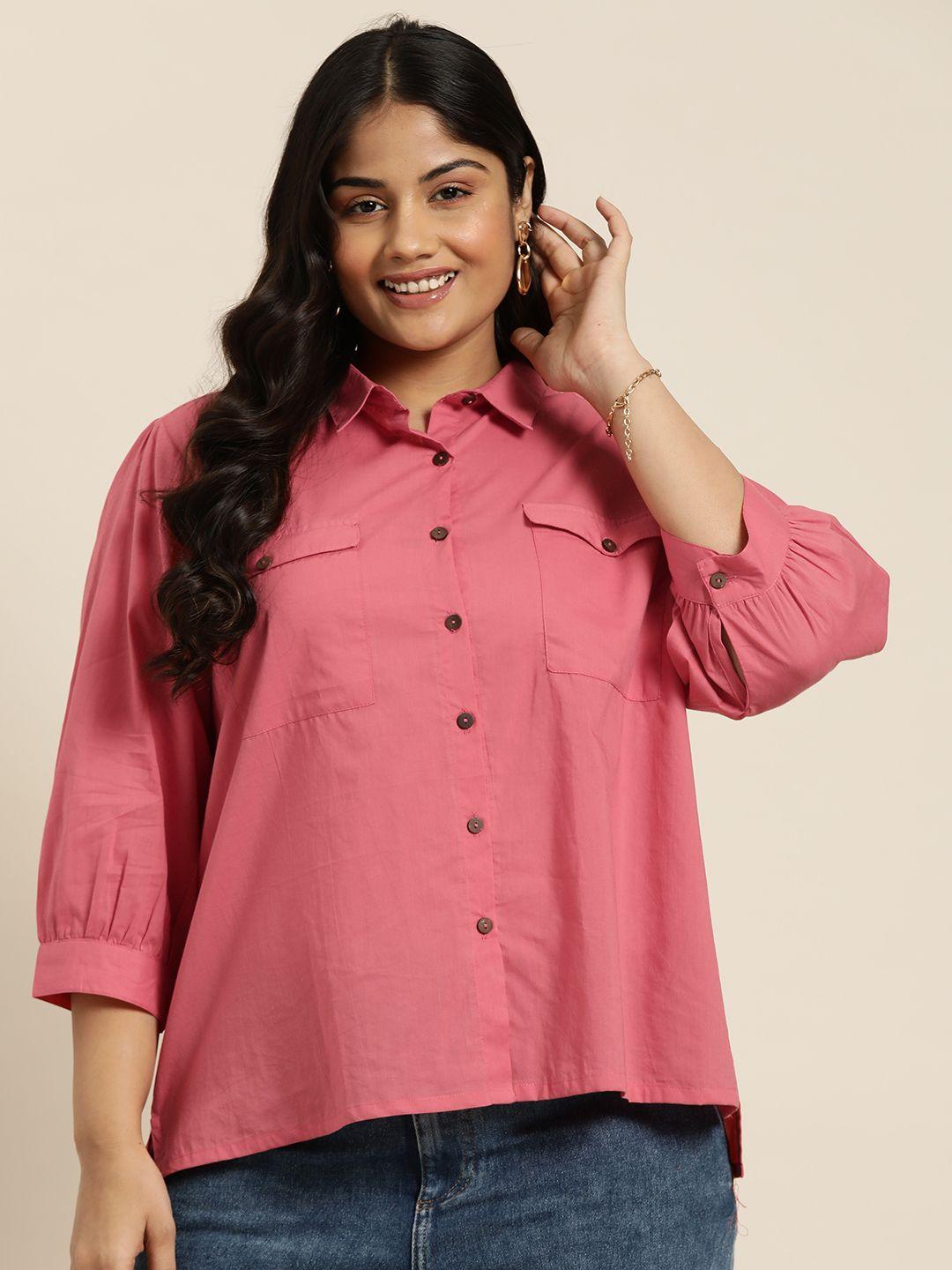 sztori plus size pure cotton high low-hem casual shirt