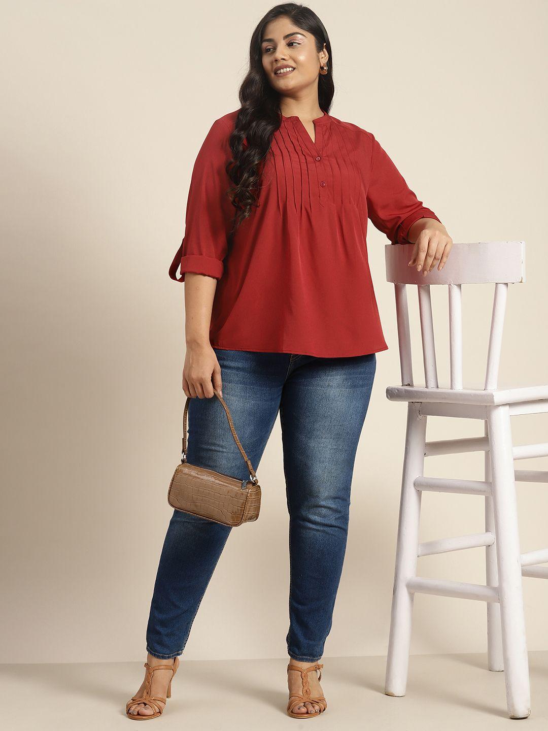 sztori plus size roll-up sleeves pintuck detailed regular top