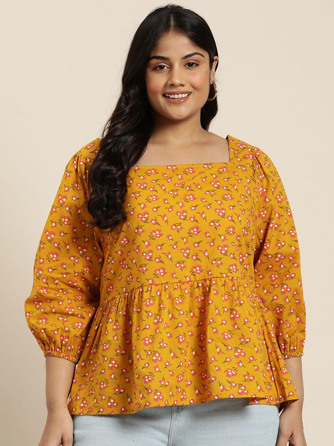 sztori plus size square neck floral print puff sleeve cotton a-line top